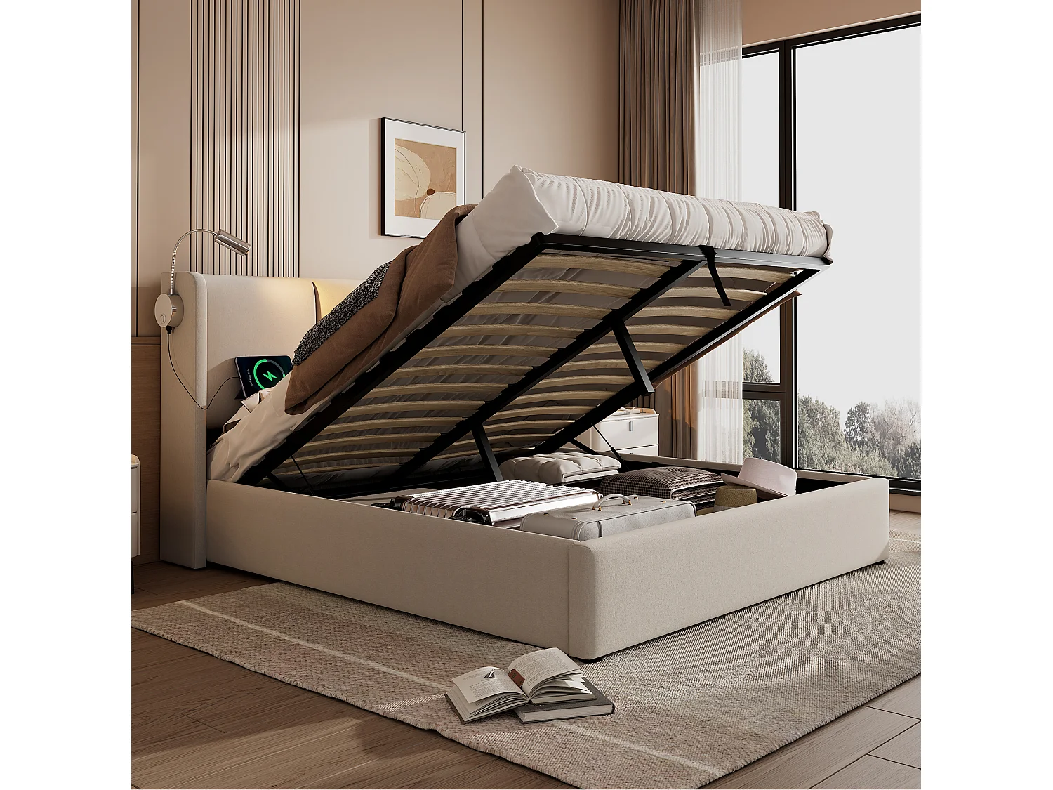 Lit coffre 140x200 cm - Lit adulte avec liseuse et fonction de charge USB - lin beige - sans matelas