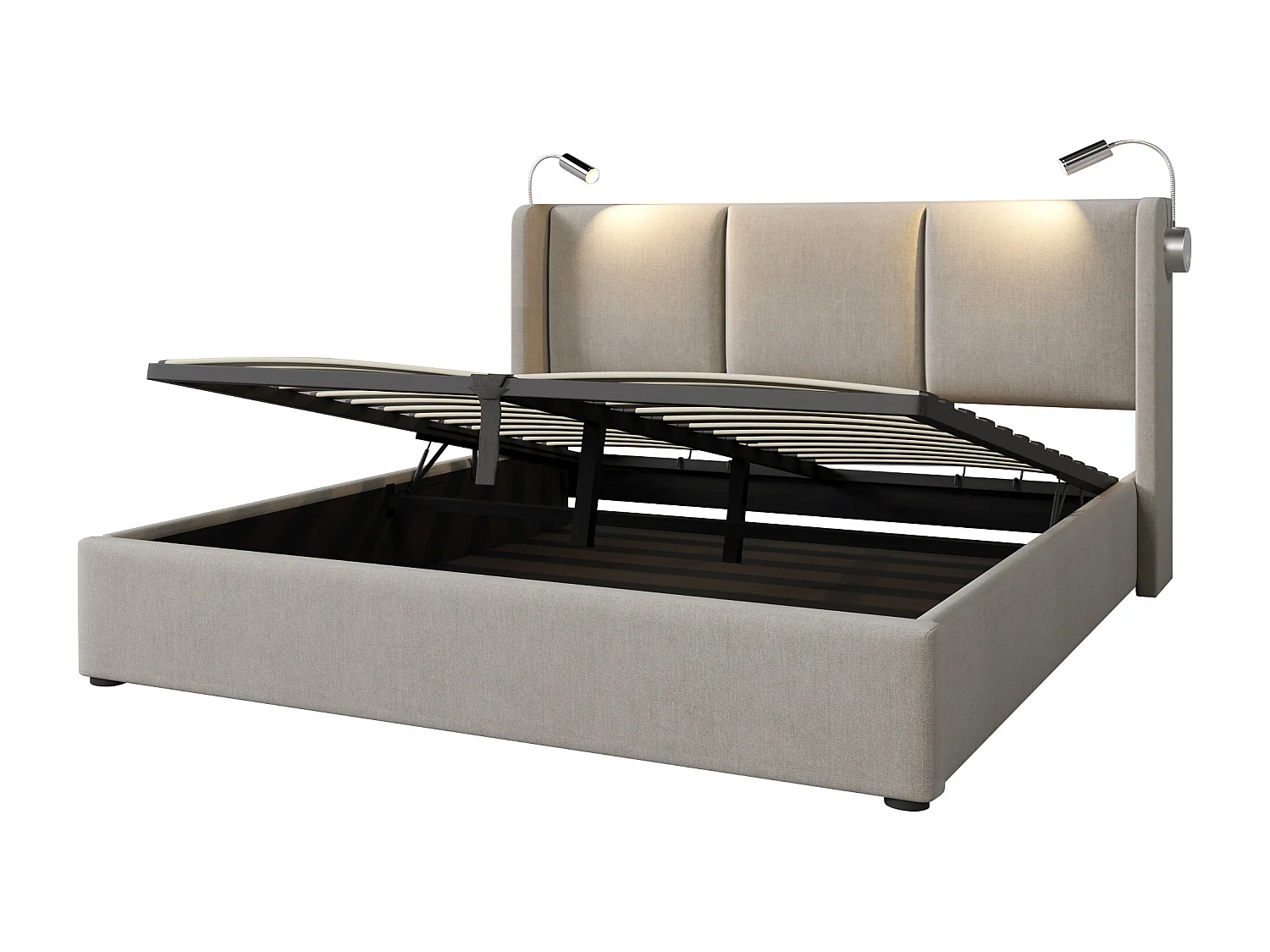 Lit coffre 140x200 cm - Lit adulte avec liseuse et fonction de charge USB - lin beige - sans matelas