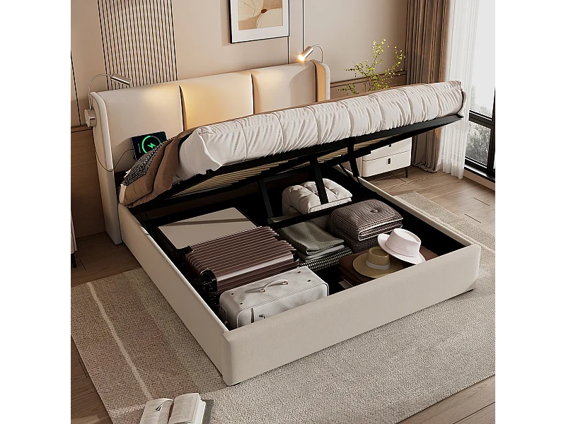 Lit coffre 140x200 cm - Lit adulte avec liseuse et fonction de charge USB - lin beige - sans matelas