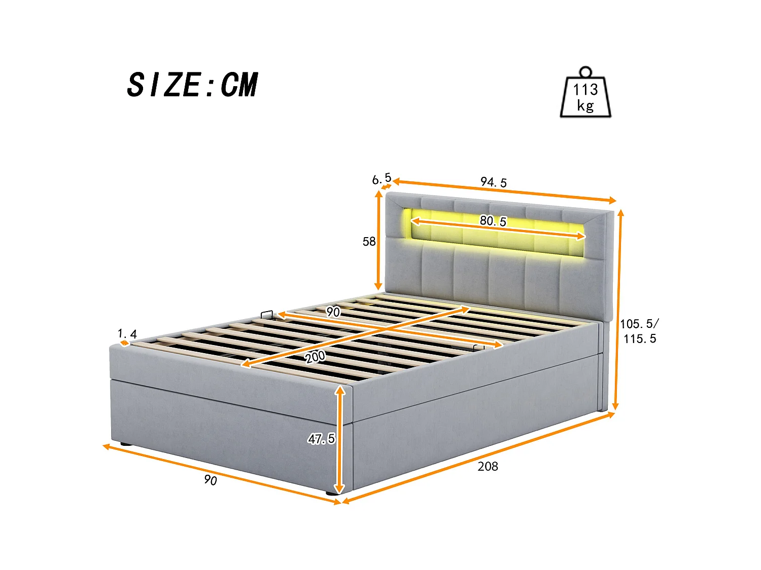 Lit coffre 90x200 cm - Lit enfant avec éclairage LED - tête de lit réglable - velours gris - sans matelas