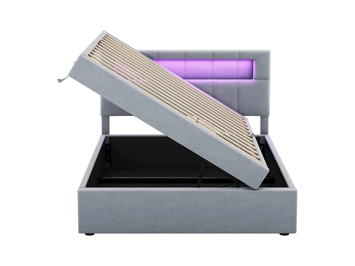 Lit coffre 90x200 cm - Lit enfant avec éclairage LED - tête de lit réglable - velours gris - sans matelas