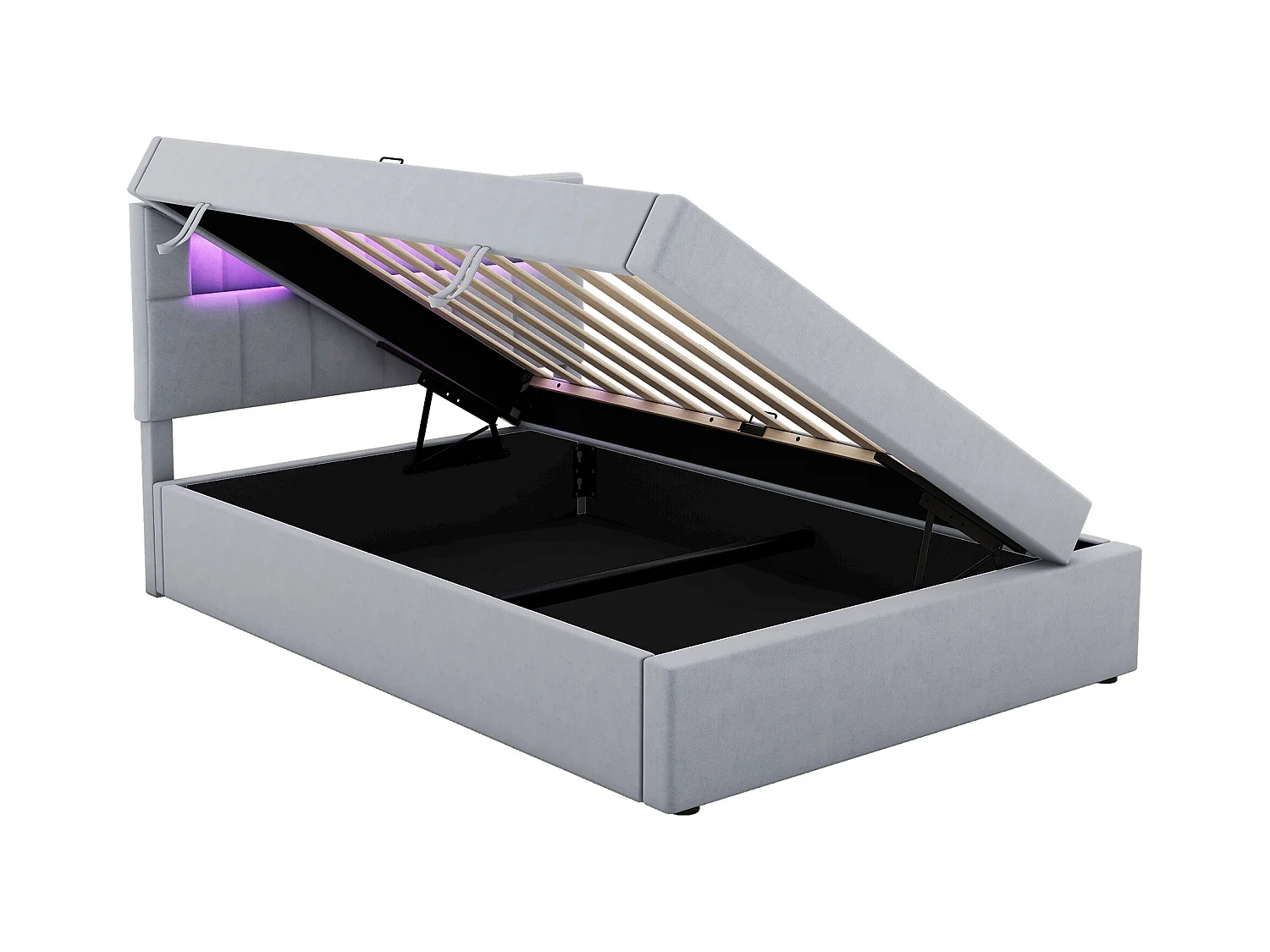 Lit coffre 90x200 cm - Lit enfant avec éclairage LED - tête de lit réglable - velours gris - sans matelas