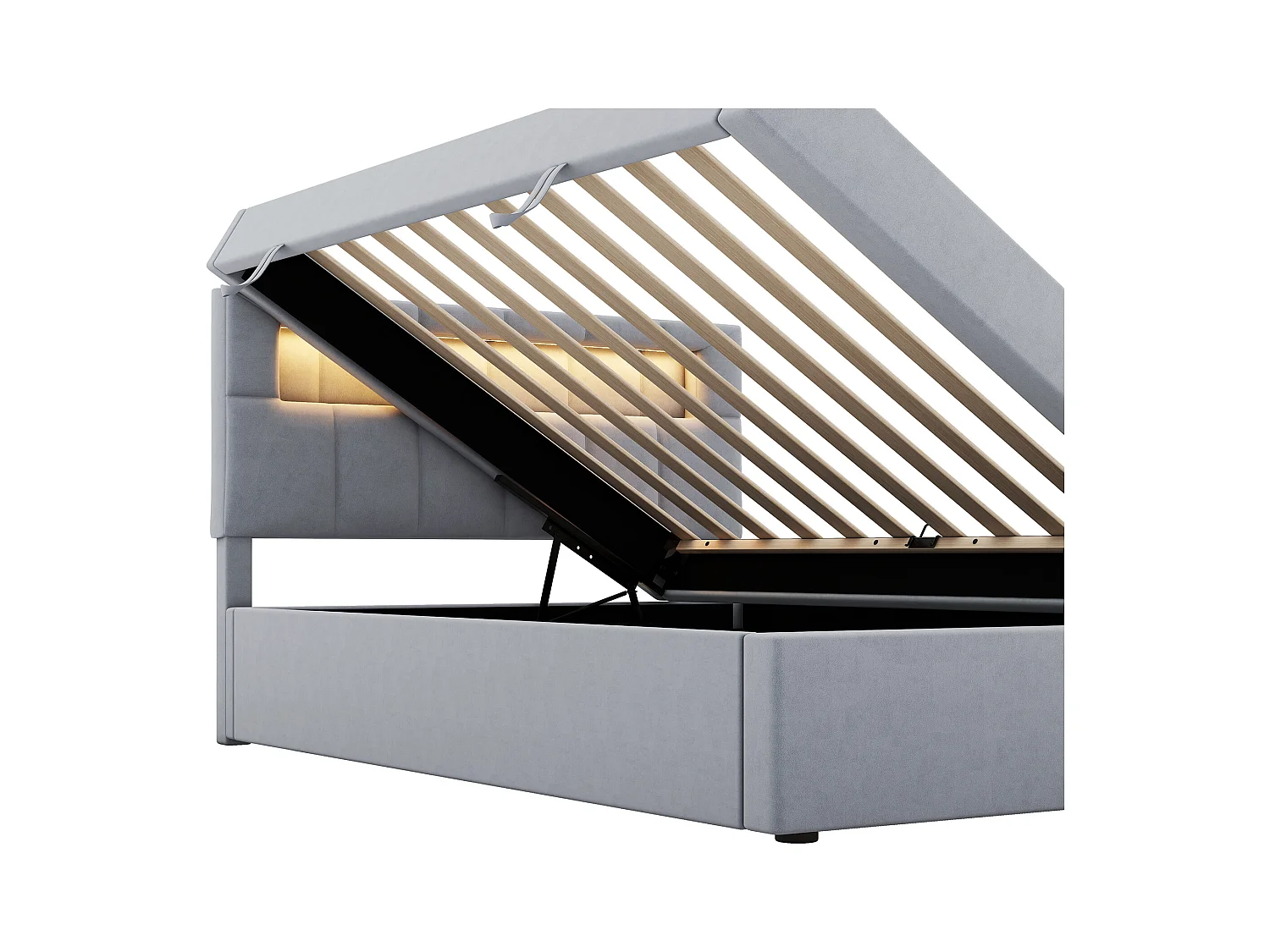 Lit coffre 90x200 cm - Lit enfant avec éclairage LED - tête de lit réglable - velours gris - sans matelas