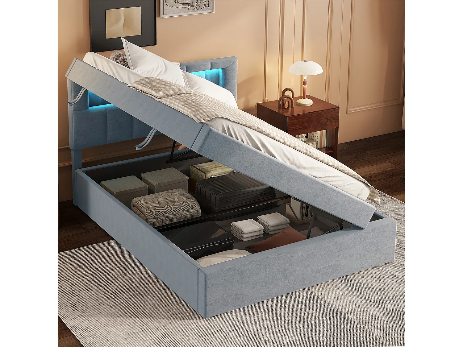 Lit coffre 90x200 cm - Lit enfant avec éclairage LED - tête de lit réglable - velours gris - sans matelas