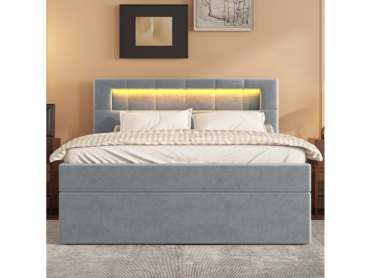 Lit coffre 90x200 cm - Lit enfant avec éclairage LED - tête de lit réglable - velours gris - sans matelas