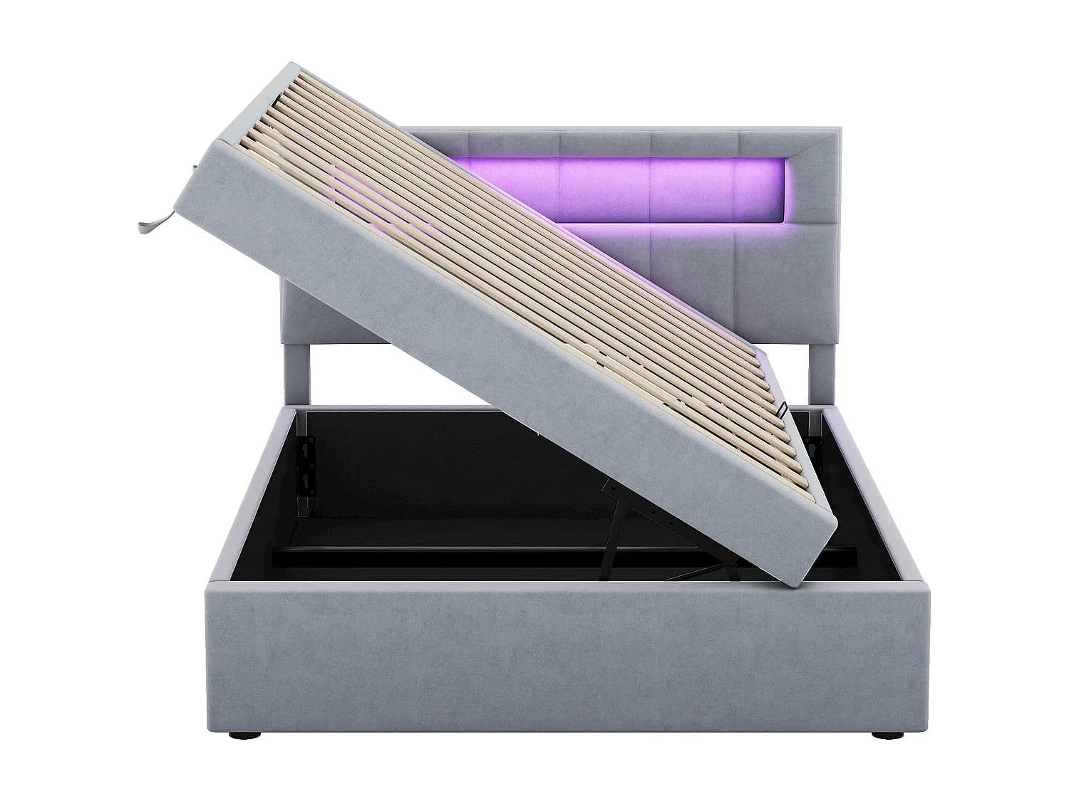 Lit coffre 90x200 cm - Lit enfant avec éclairage LED - tête de lit réglable - velours gris - sans matelas