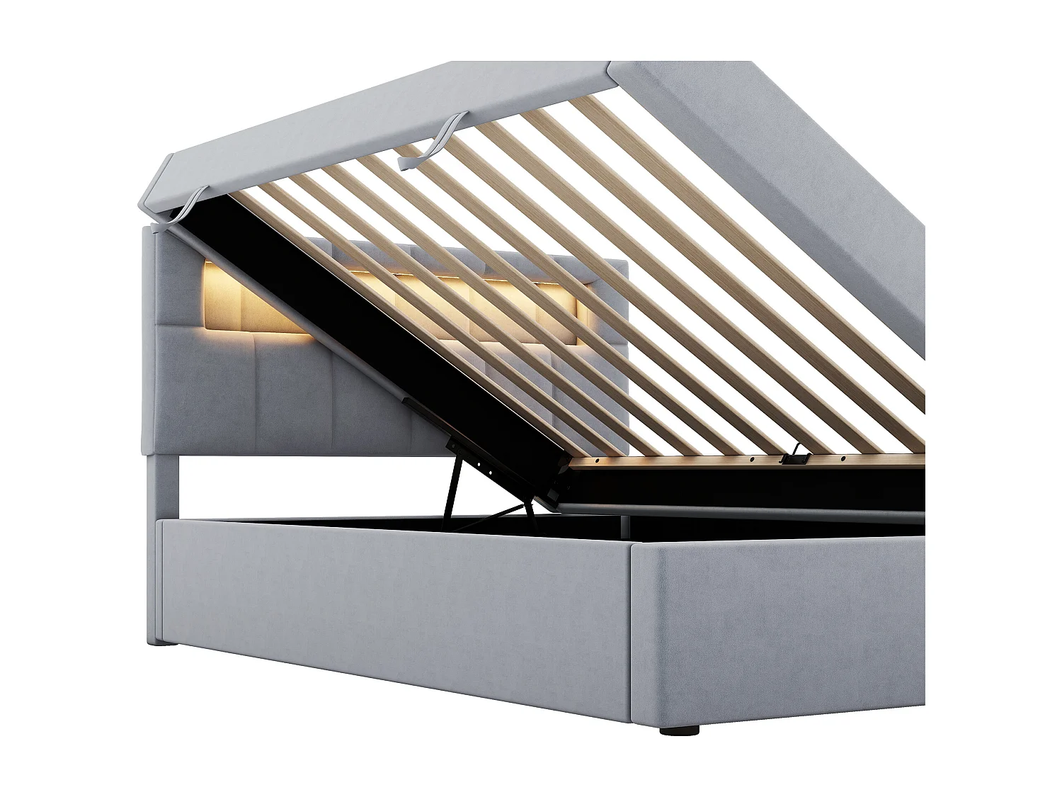 Lit coffre 90x200 cm - Lit enfant avec éclairage LED - tête de lit réglable - velours gris - sans matelas