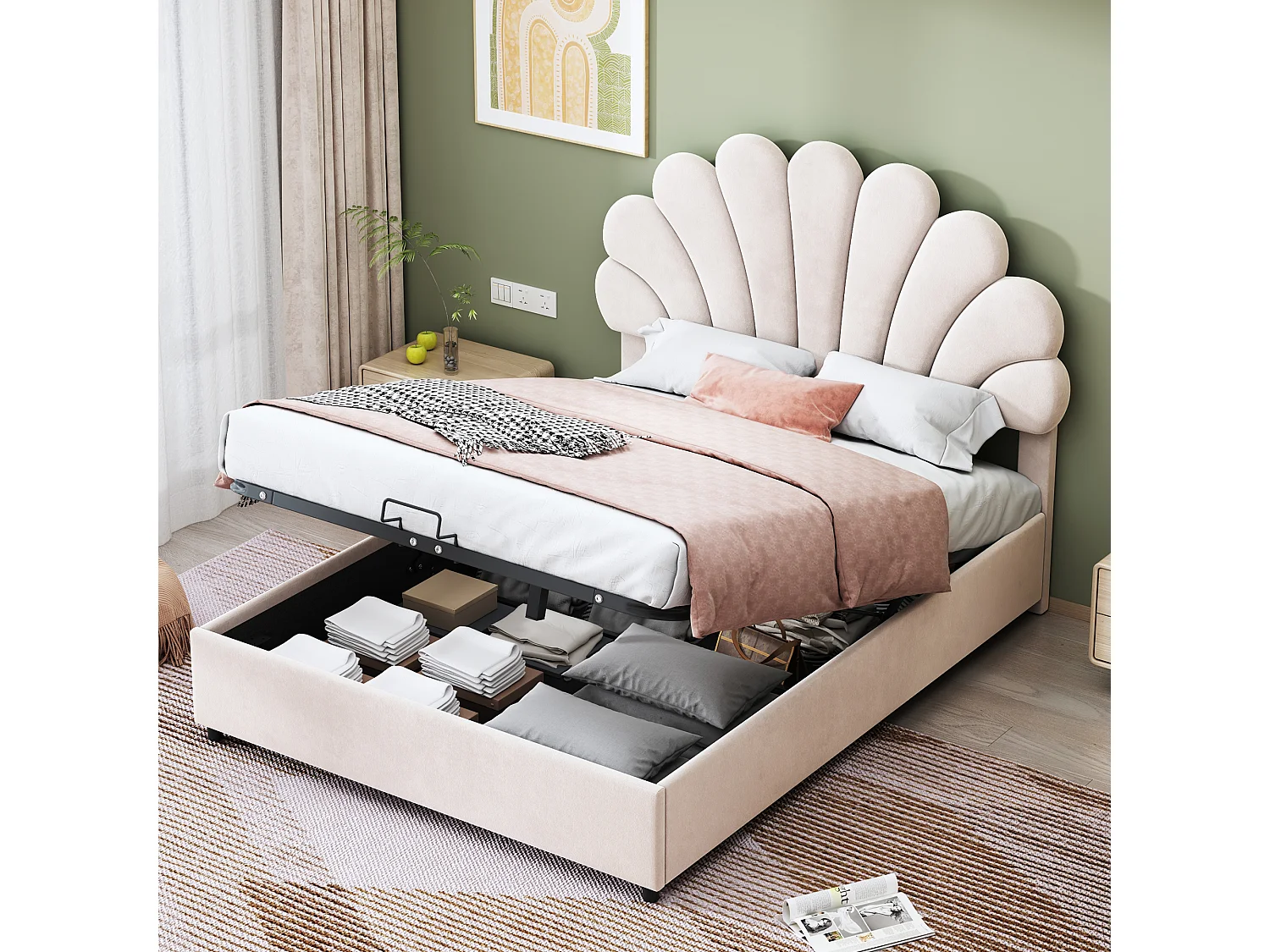 Lit coffre 140x200 cm - Lit adulte avec tête de lit réglable et sommier à lattes - velours beige