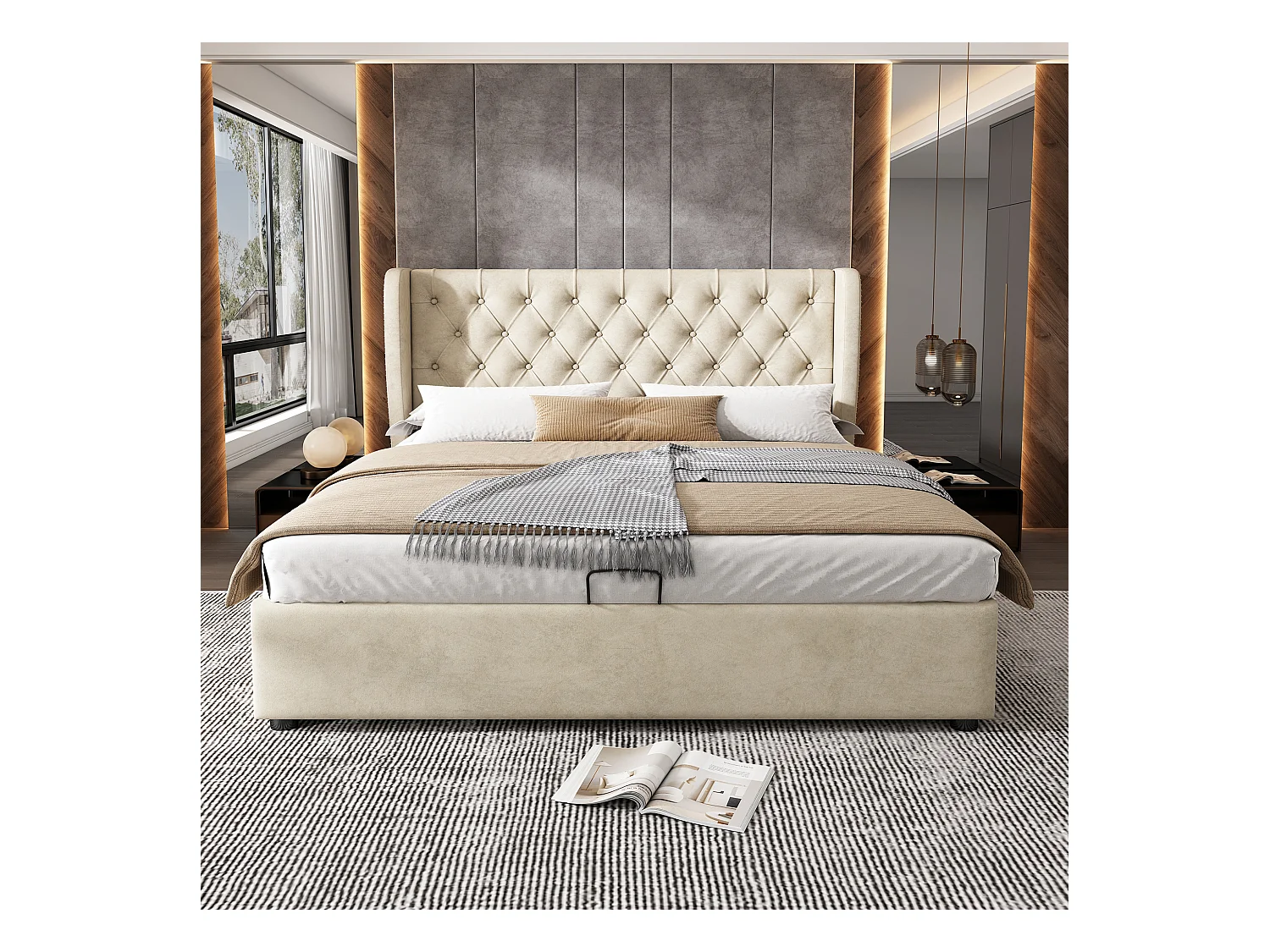 Lit coffre 140x200 cm - Lit adulte avec tête de lit capitonnée - tissu velours - beige - sans matelas