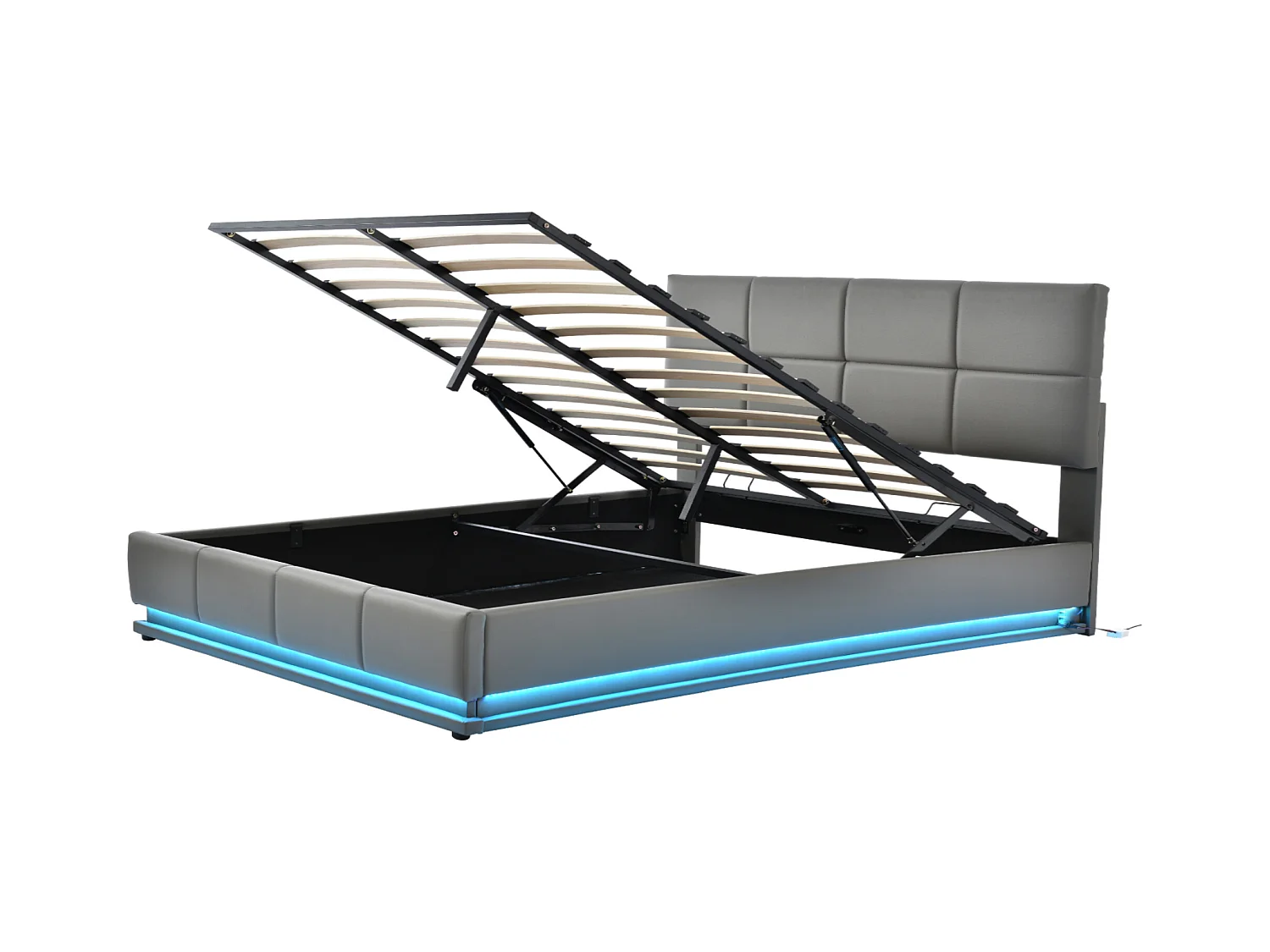 Lit coffre 160x200 cm - Lit adulte avec éclairage LED et tête de lit réglable - PU gris - sans matelas