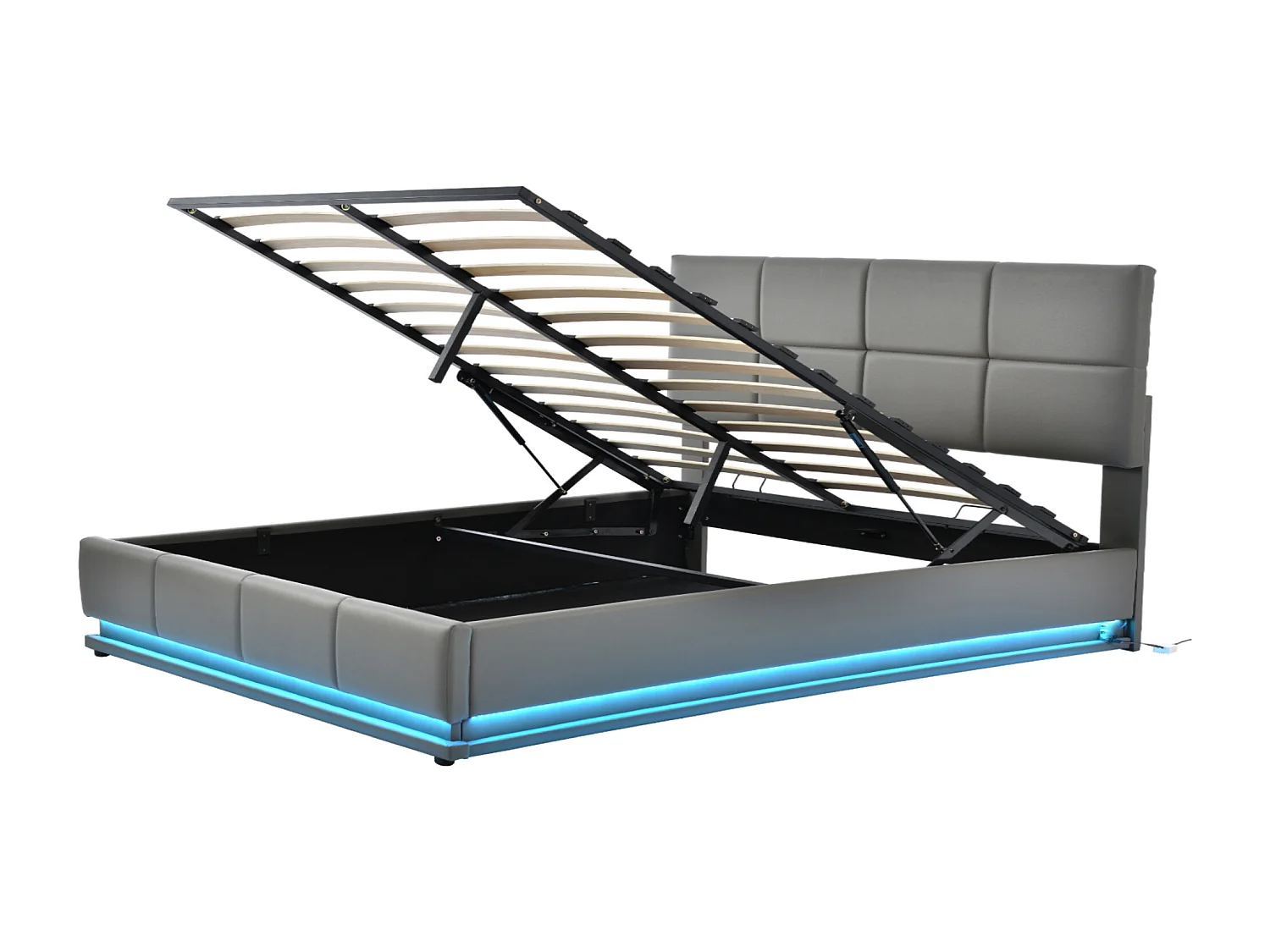 Łóżko 160x200 cm z pojemnikiem - Łóżko dla dorosłych z oświetleniem LED i regulowanym zagłówkiem - szary poliuretan - bez materaca