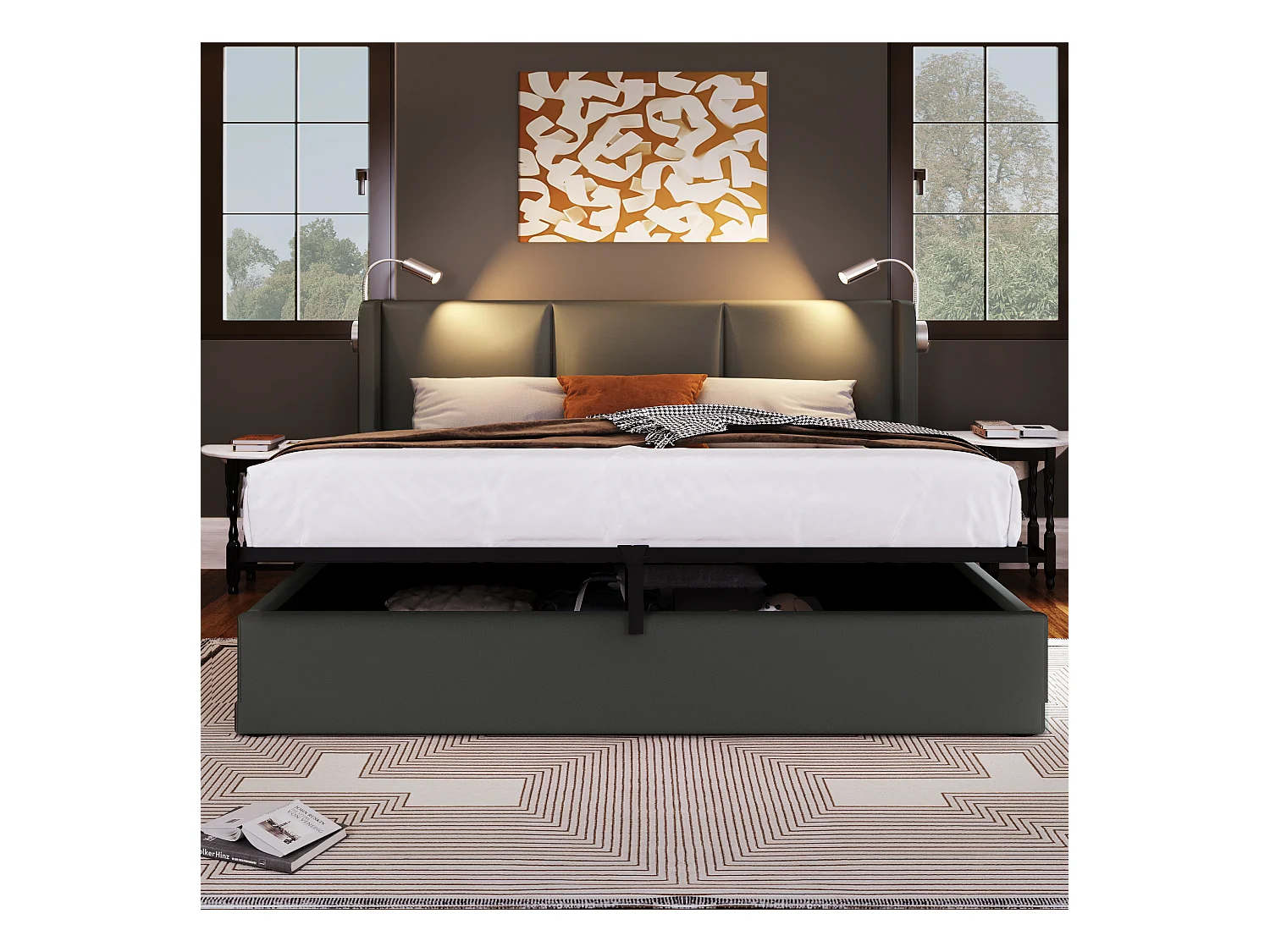140x200 cm Łóżko z pojemnikiem - Łóżko dla dorosłych z lampką do czytania i funkcją ładowania USB - Szary PU - bez materaca