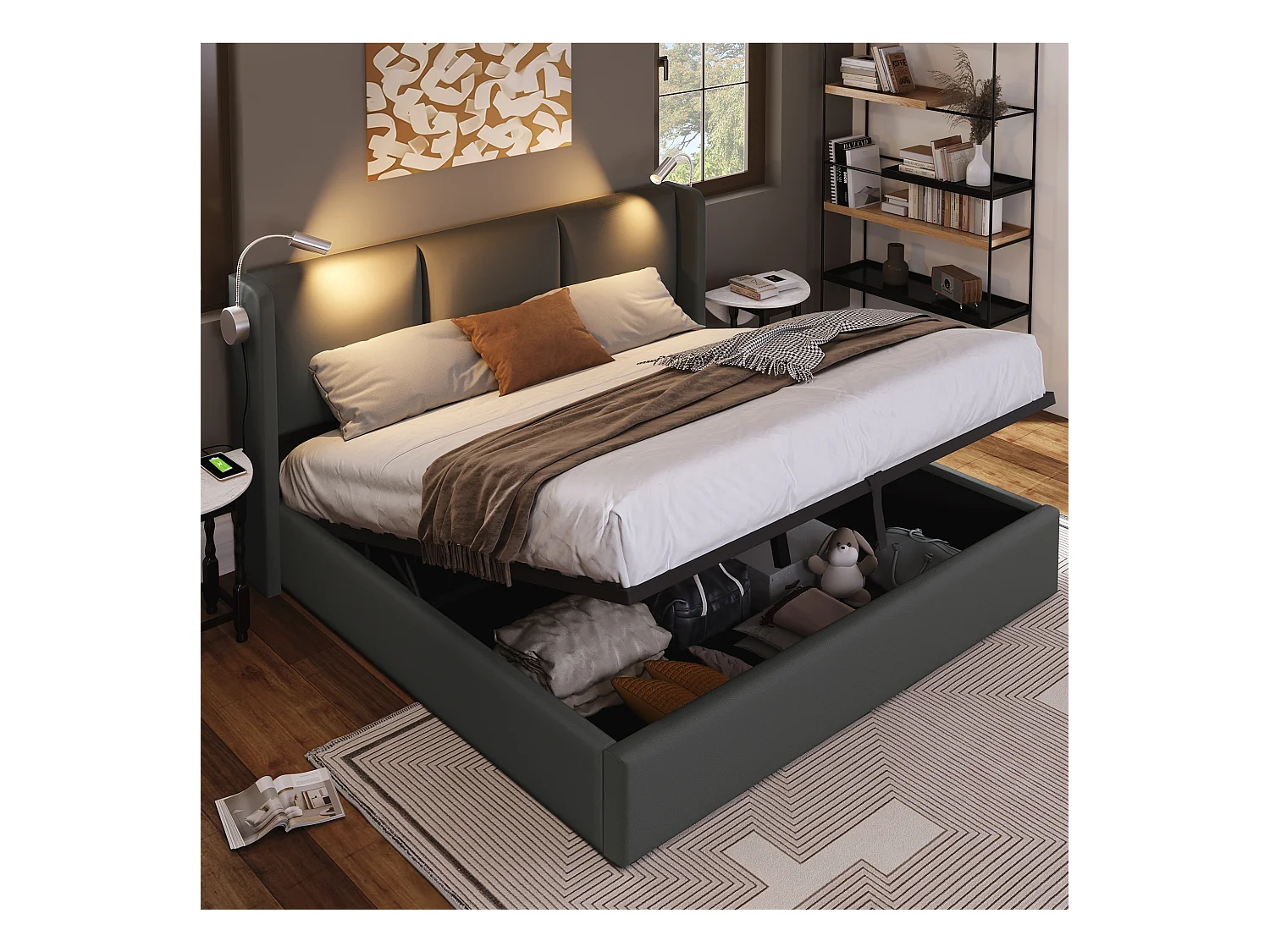 Lit coffre 140x200 cm - Lit adulte avec liseuse et fonction de charge USB - PU gris - sans matelas