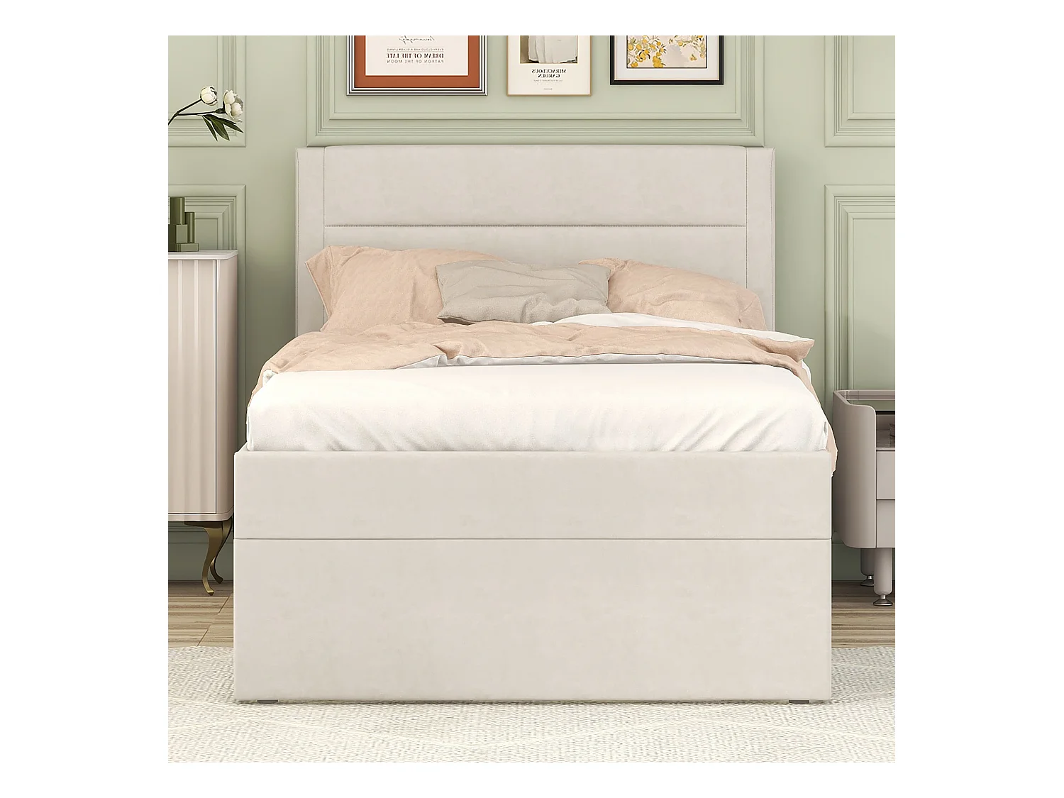 Lit coffre 90x200 cm - Lit enfant avec sommier à lattes - lin beige - sans matelas