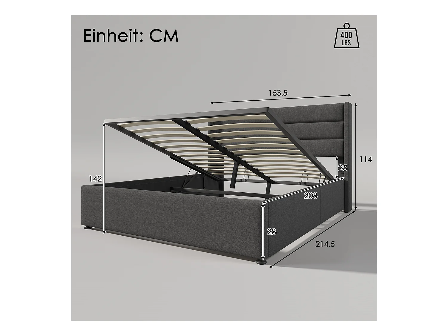 Cama con almacenaje 140x200 cm - Cama adulto con cabecero y somier - lino gris - sin colchón