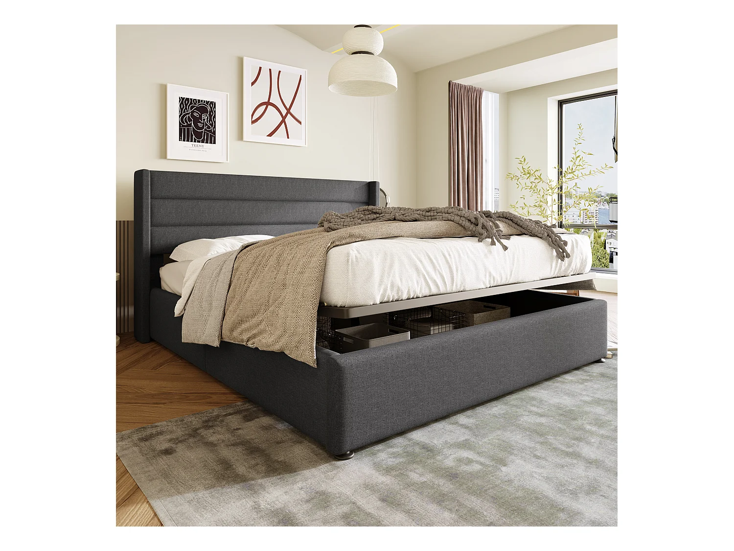 Lit coffre 140x200 cm - Lit adulte avec tête de lit et sommier à lattes - lin gris - sans matelas