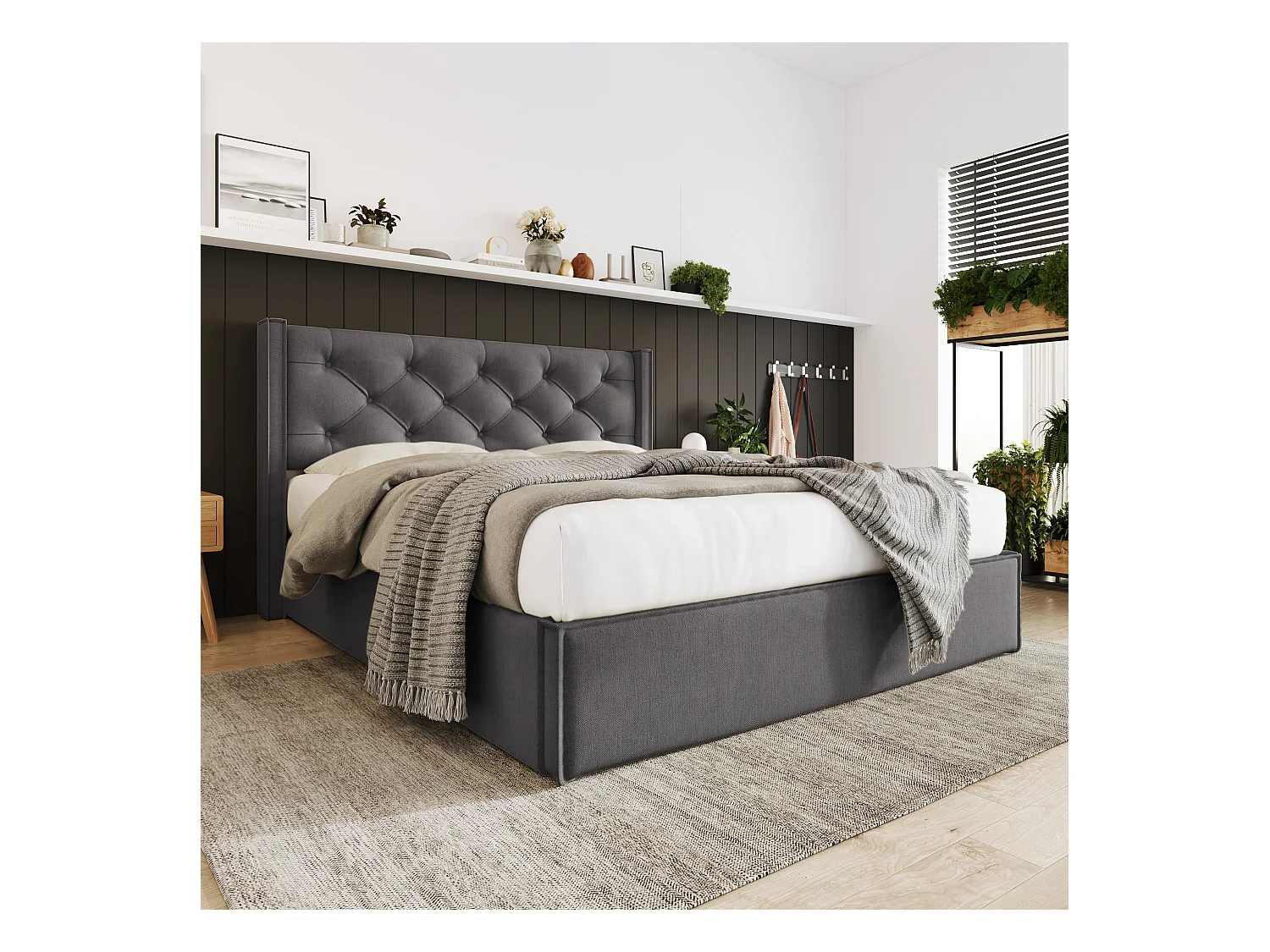 Cama con almacenaje 160x200 cm - Cama doble con somier de láminas metálicas - gris - algodón - sin colchón