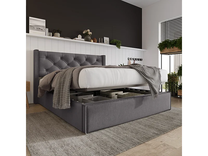 Lit coffre 160x200 cm - Lit double avec sommier à lattes métalliques - gris - coton - sans matelas