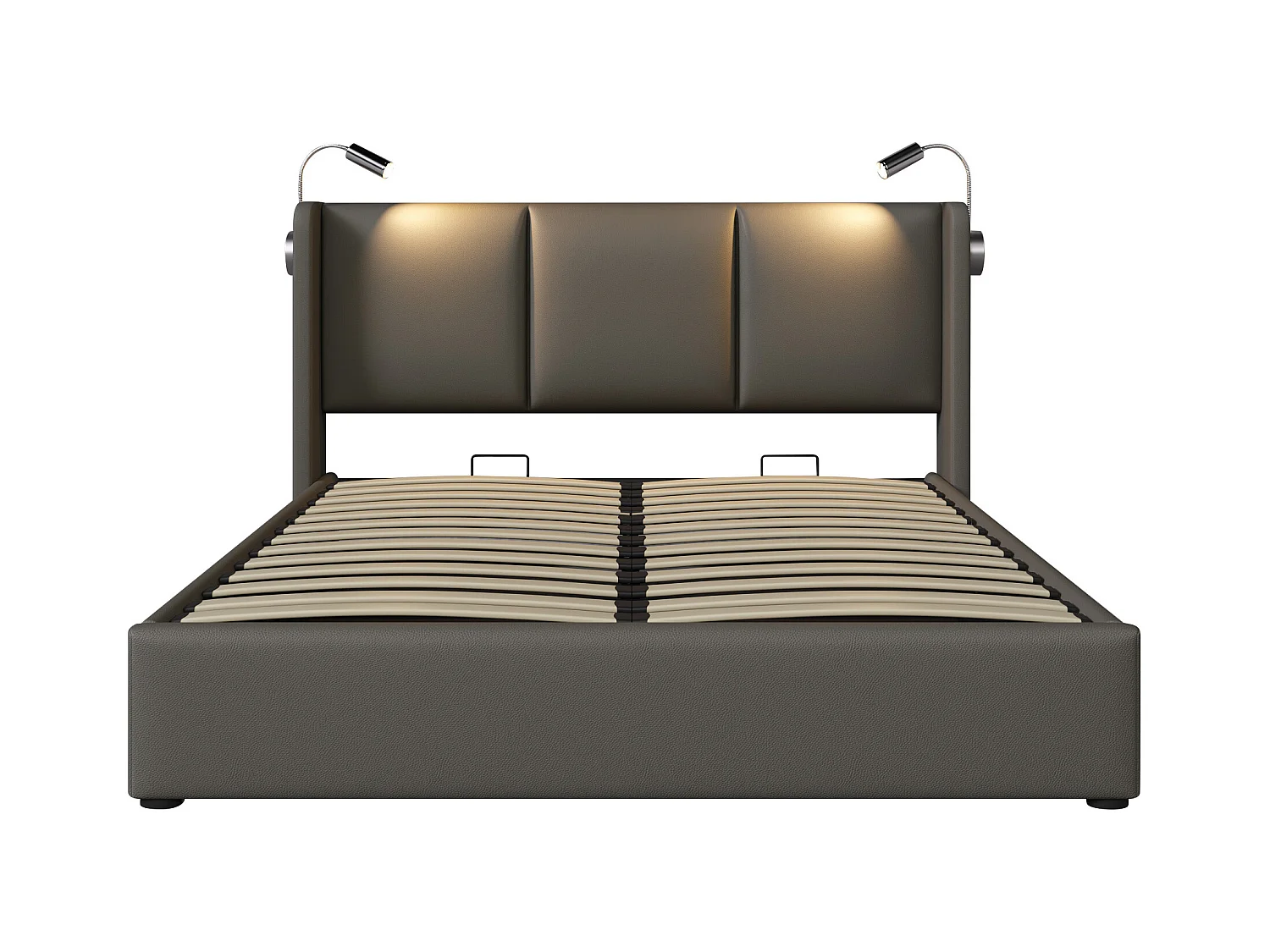 Lit coffre 160x200 cm - Lit adulte avec liseuse et fonction de charge USB - PU gris - sans matelas
