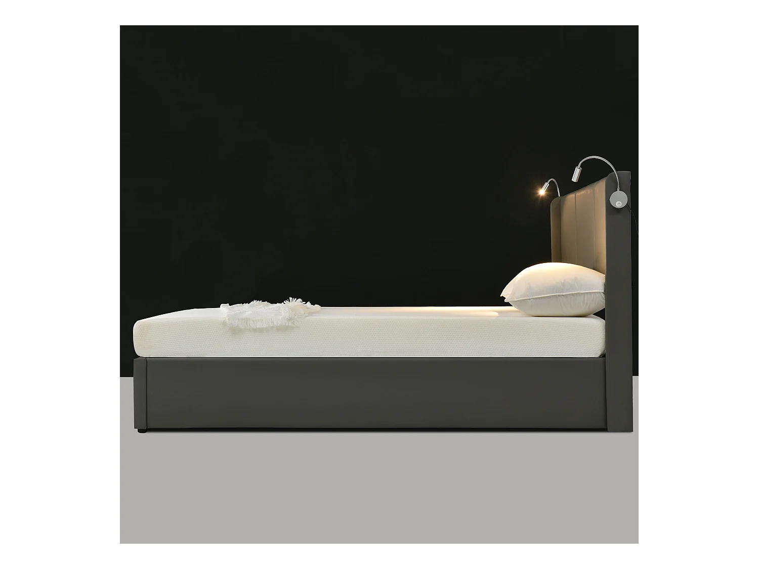 Lit coffre 160x200 cm - Lit adulte avec liseuse et fonction de charge USB - PU gris - sans matelas