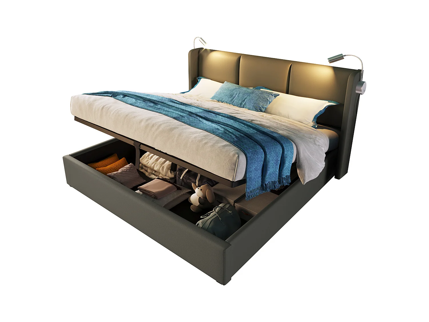 Lit coffre 160x200 cm - Lit adulte avec liseuse et fonction de charge USB - PU gris - sans matelas