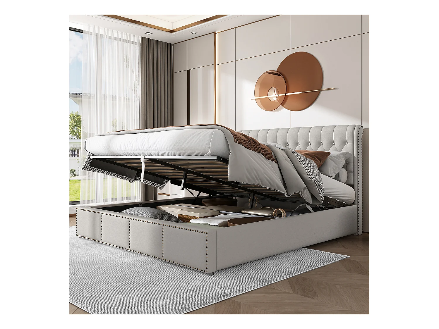 Lit coffre 160x200 cm - Lit double avec tête de lit capitonnée - décor clouté - lin gris clair - sans matelas