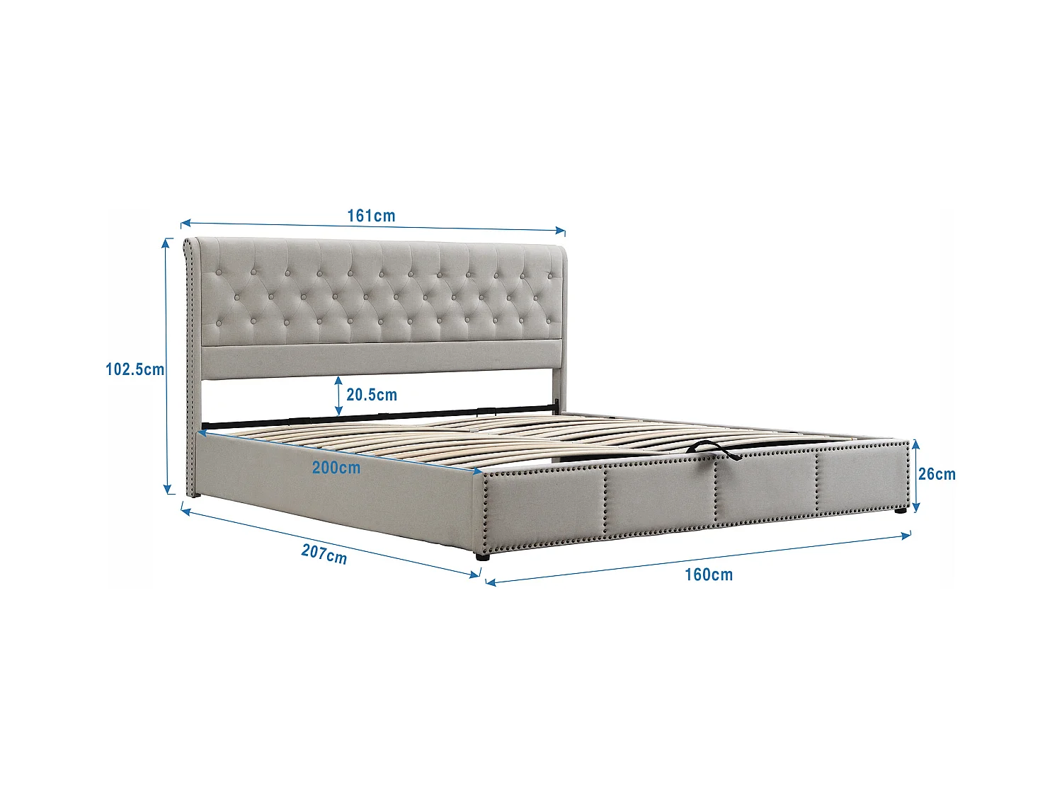 Lit coffre 160x200 cm - Lit double avec tête de lit capitonnée - décor clouté - lin gris clair - sans matelas