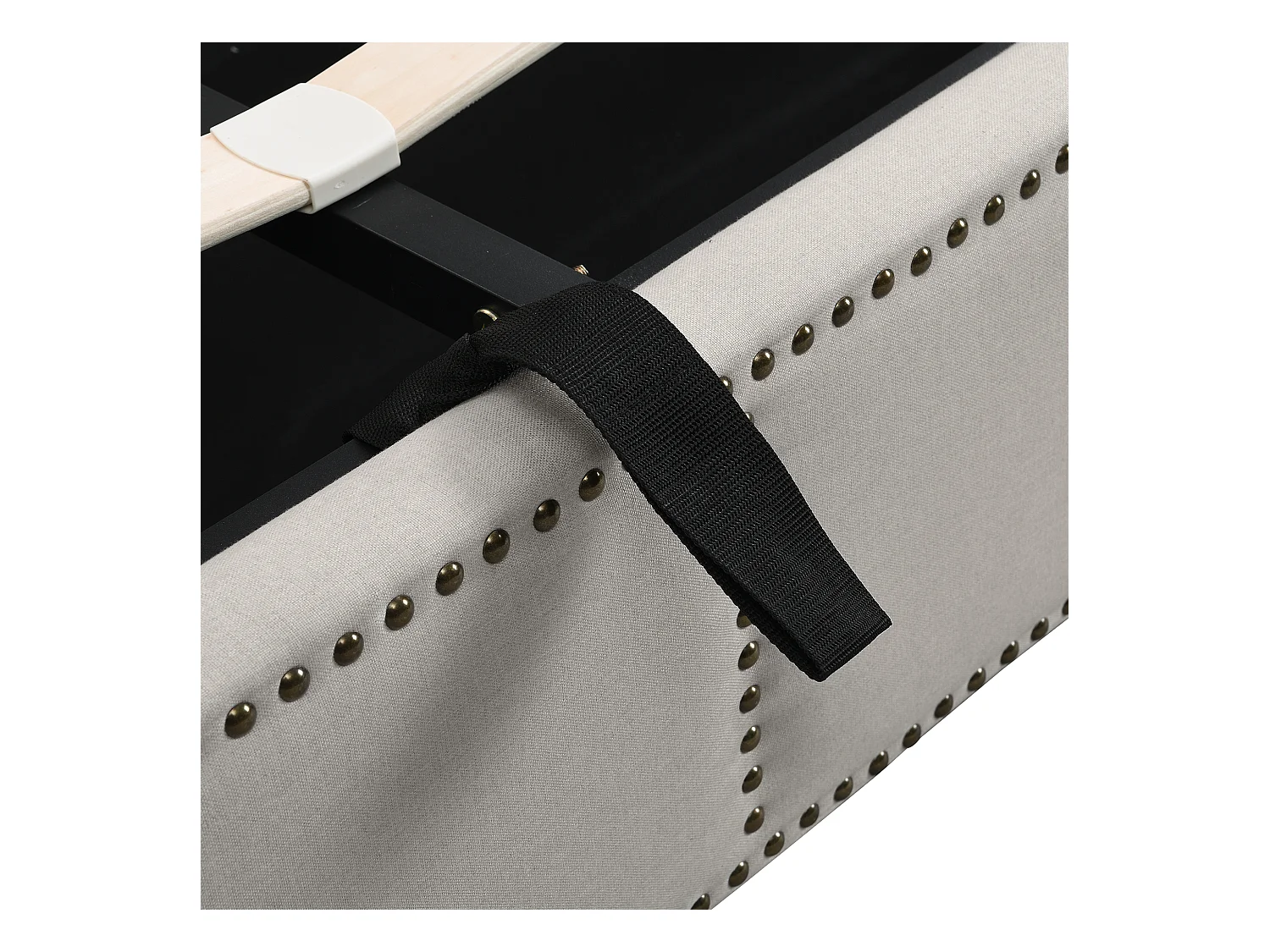 Lit coffre 160x200 cm - Lit double avec tête de lit capitonnée - décor clouté - lin gris clair - sans matelas