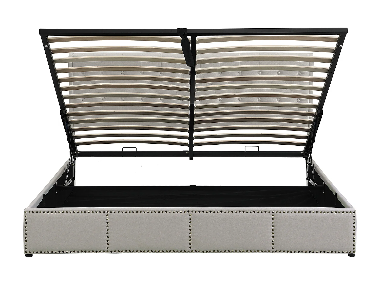 Lit coffre 160x200 cm - Lit double avec tête de lit capitonnée - décor clouté - lin gris clair - sans matelas