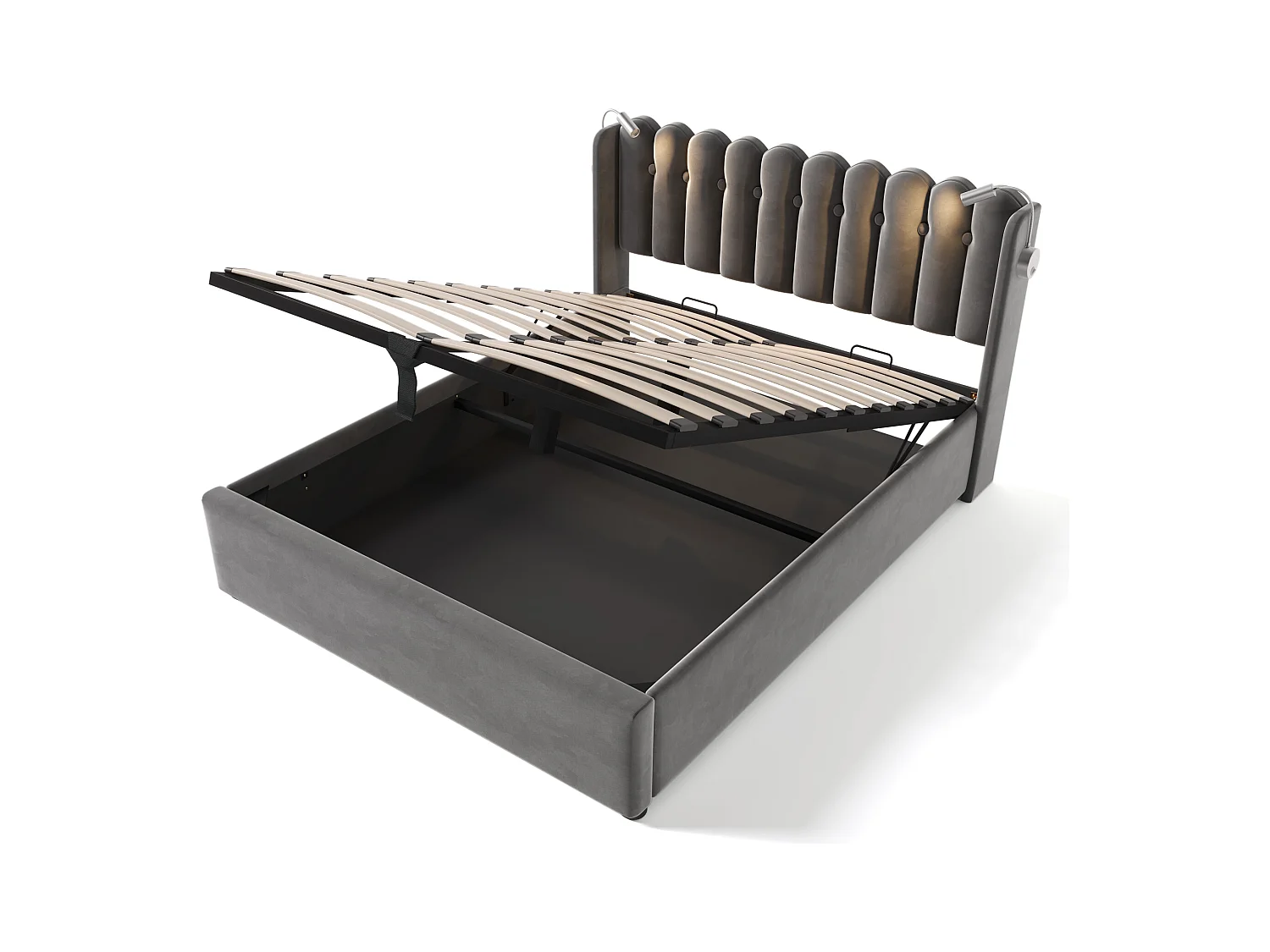 Cama con almacenaje 160x200 cm - Cama tapizada con luz de lectura y función de carga - terciopelo gris - sin colchón