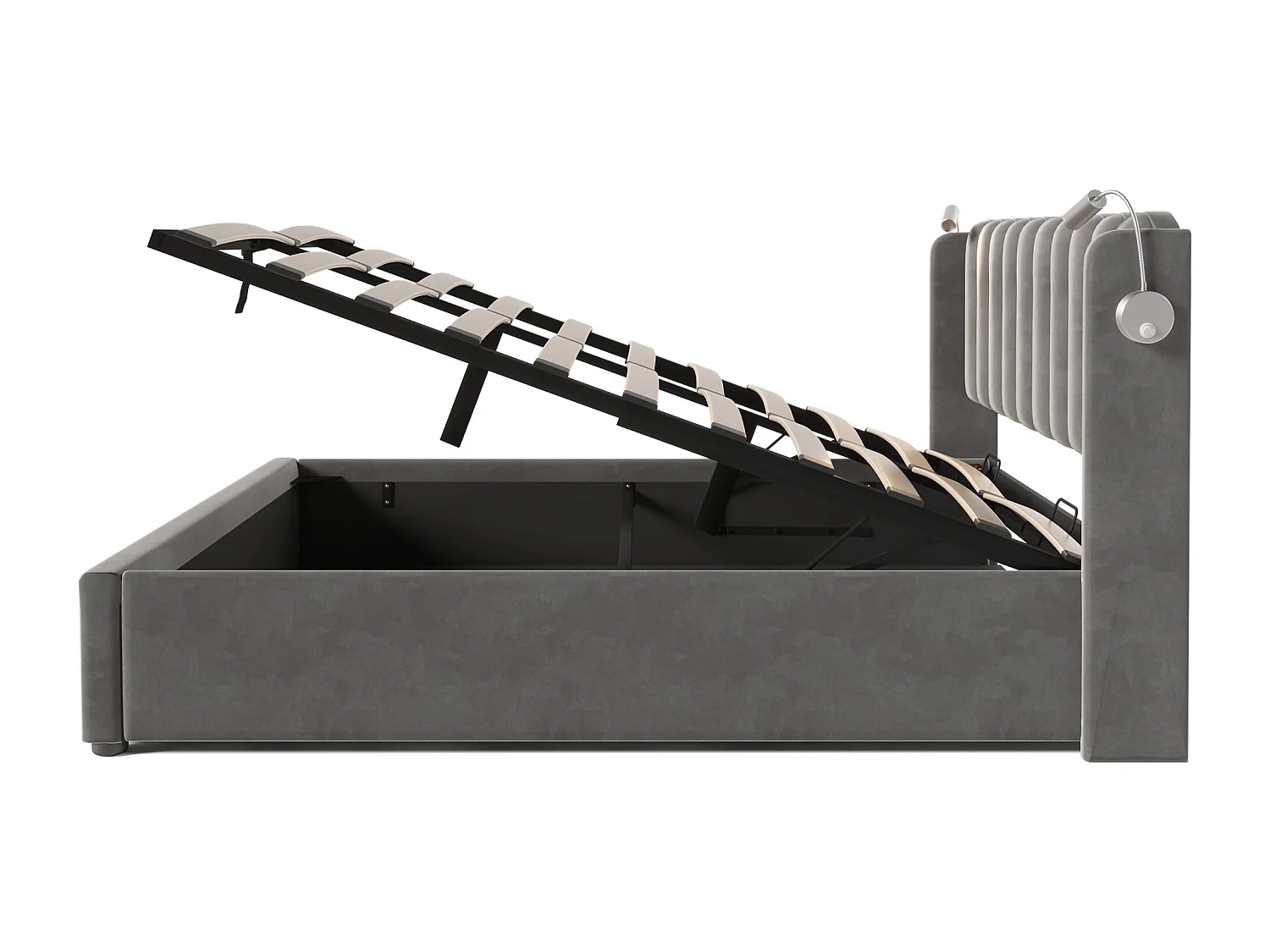 Lit coffre 160x200 cm - Lit adulte avec liseuse et fonction charge - velours gris - sans matelas