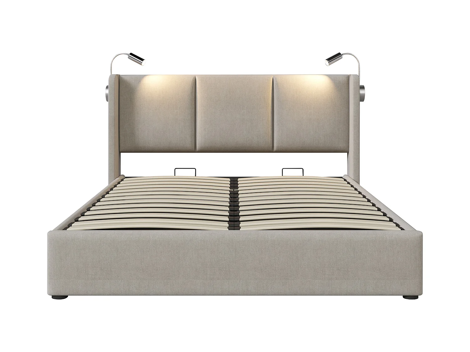 Lit coffre 160x200 cm - Lit adulte avec liseuse et fonction de charge USB - lin beige - sans matelas