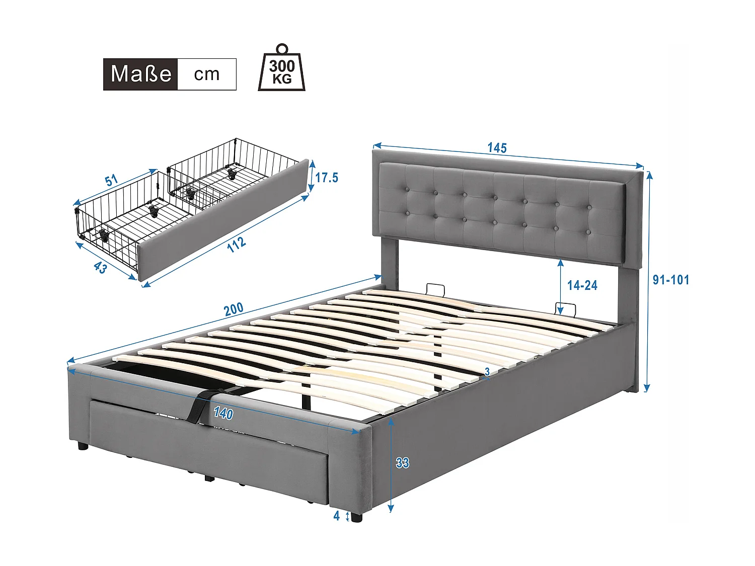 Lit coffre 140x200 cm - Lit adulte avec 2 tiroirs - tête de lit réglable - velours gris - sans matelas