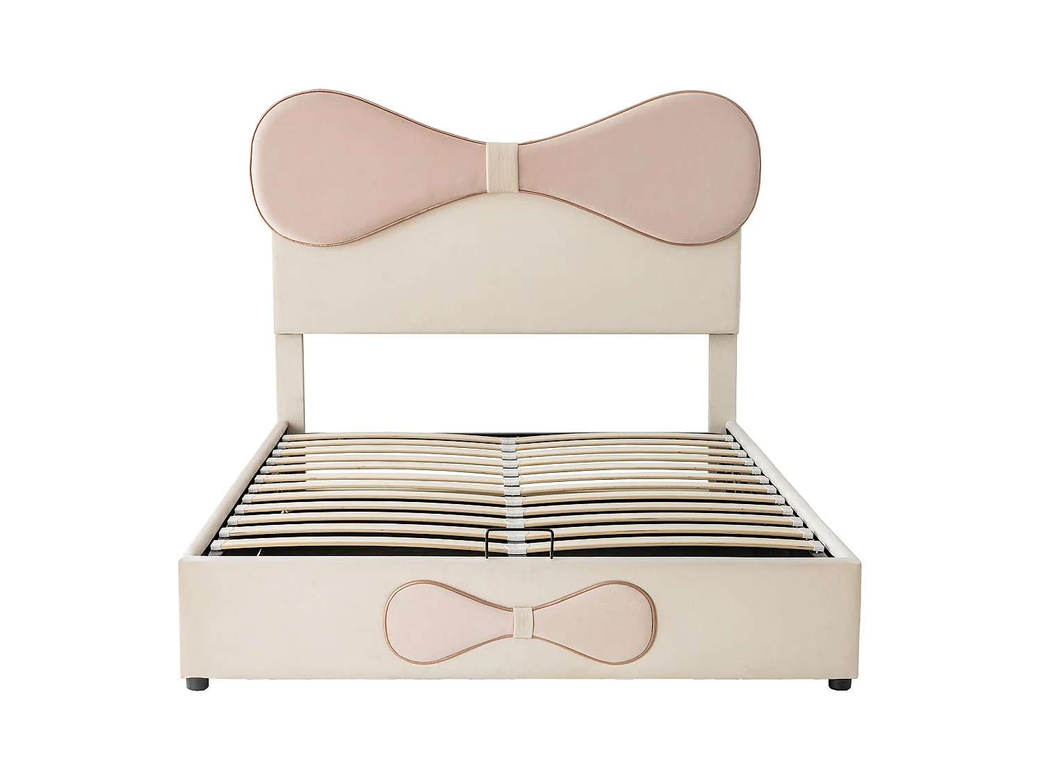Lit coffre 140x200 cm - Lit double avec tête de lit noeud papillon - beige et rose - velours - sans matelas