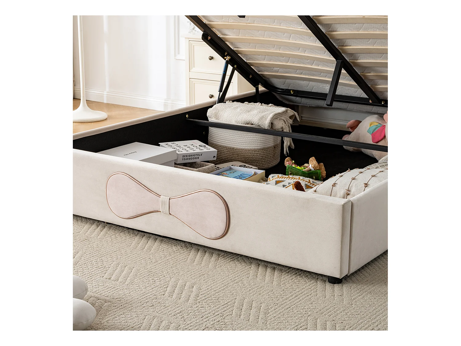 Lit coffre 140x200 cm - Lit double avec tête de lit noeud papillon - beige et rose - velours - sans matelas