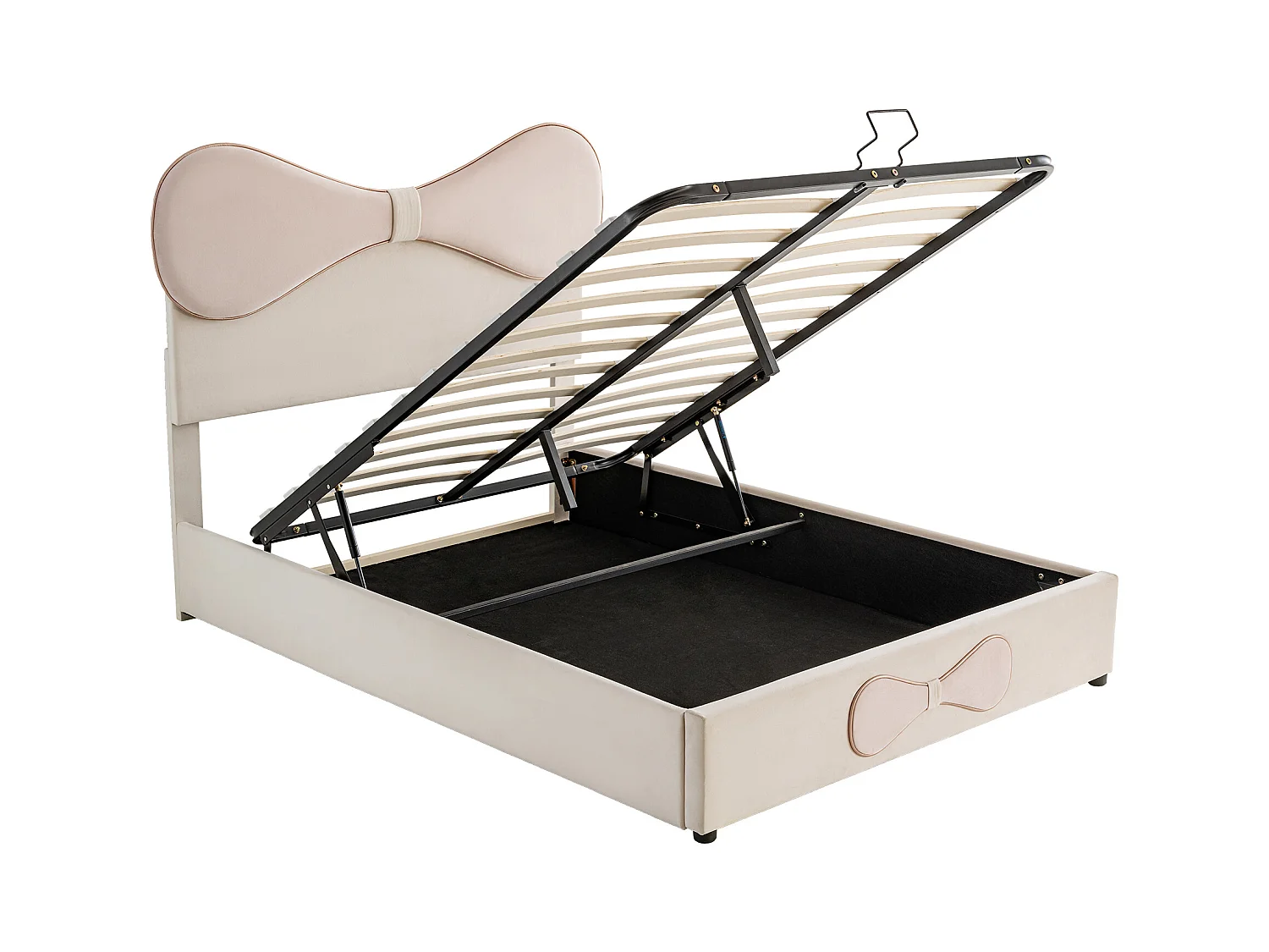 Lit coffre 140x200 cm - Lit double avec tête de lit noeud papillon - beige et rose - velours - sans matelas