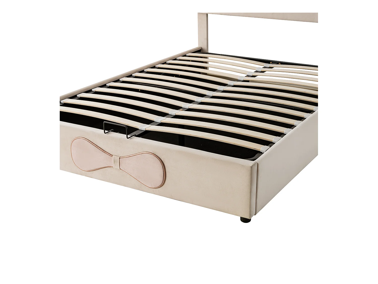 Lit coffre 140x200 cm - Lit double avec tête de lit noeud papillon - beige et rose - velours - sans matelas