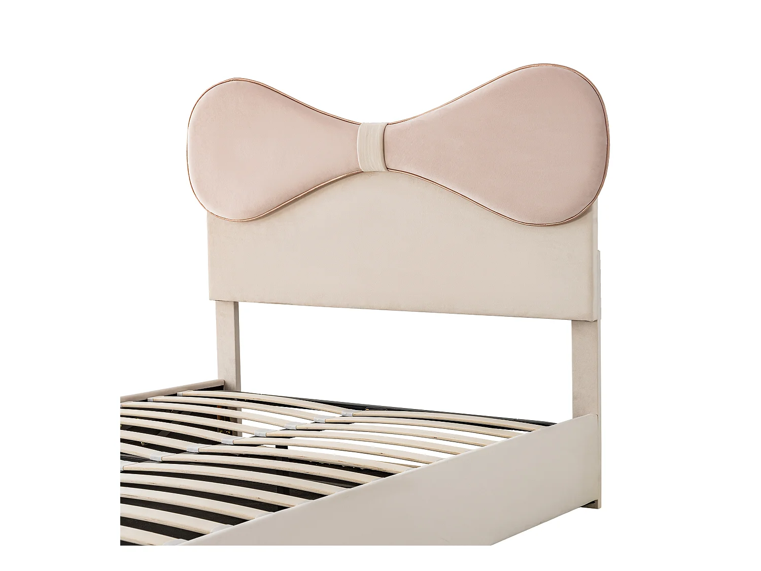 Lit coffre 140x200 cm - Lit double avec tête de lit noeud papillon - beige et rose - velours - sans matelas