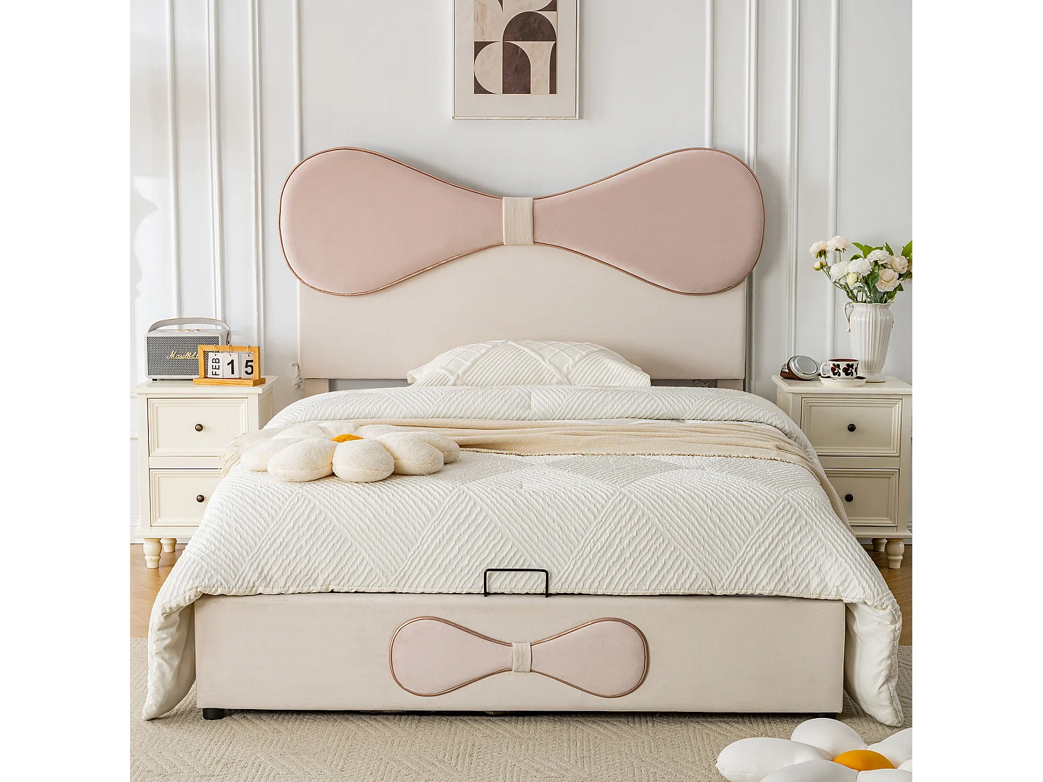 Lit coffre 140x200 cm - Lit double avec tête de lit noeud papillon - beige et rose - velours - sans matelas