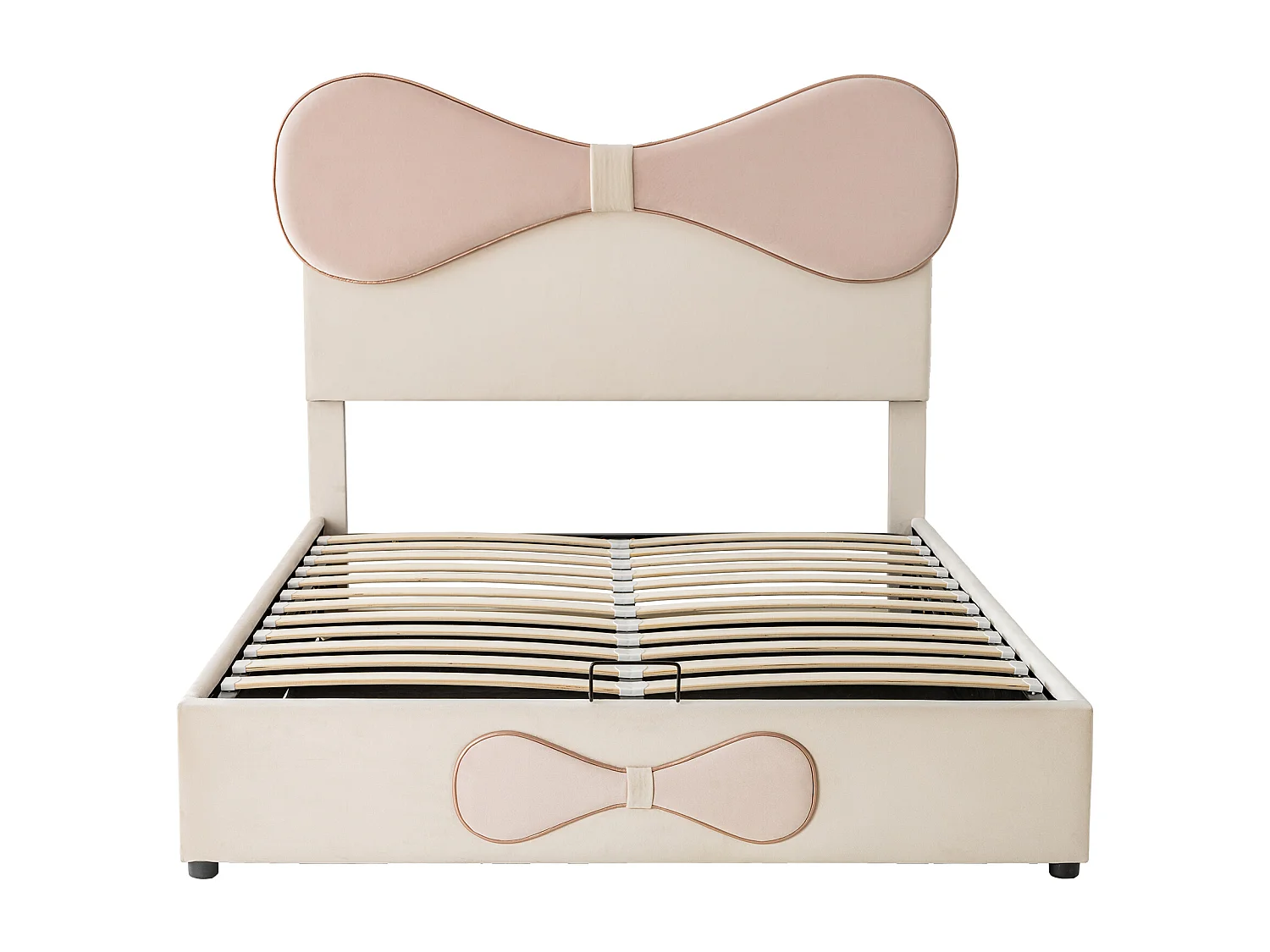 Lit coffre 140x200 cm - Lit double avec tête de lit noeud papillon - beige et rose - velours - sans matelas