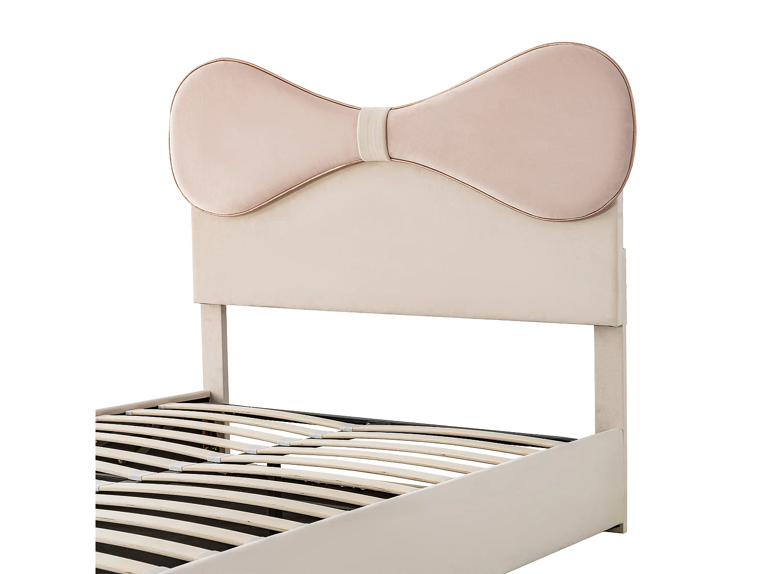 Lit coffre 140x200 cm - Lit double avec tête de lit noeud papillon - beige et rose - velours - sans matelas