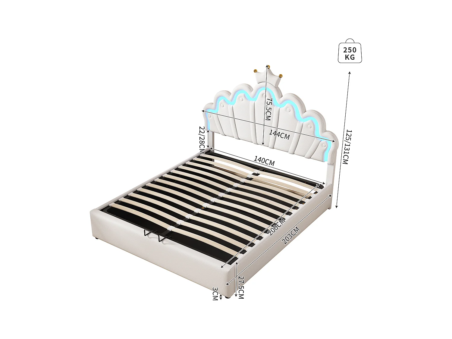 Cama con almacenaje 140x200 cm - Cama infantil con tira de luz LED - cabecero en forma de corona - PU blanco