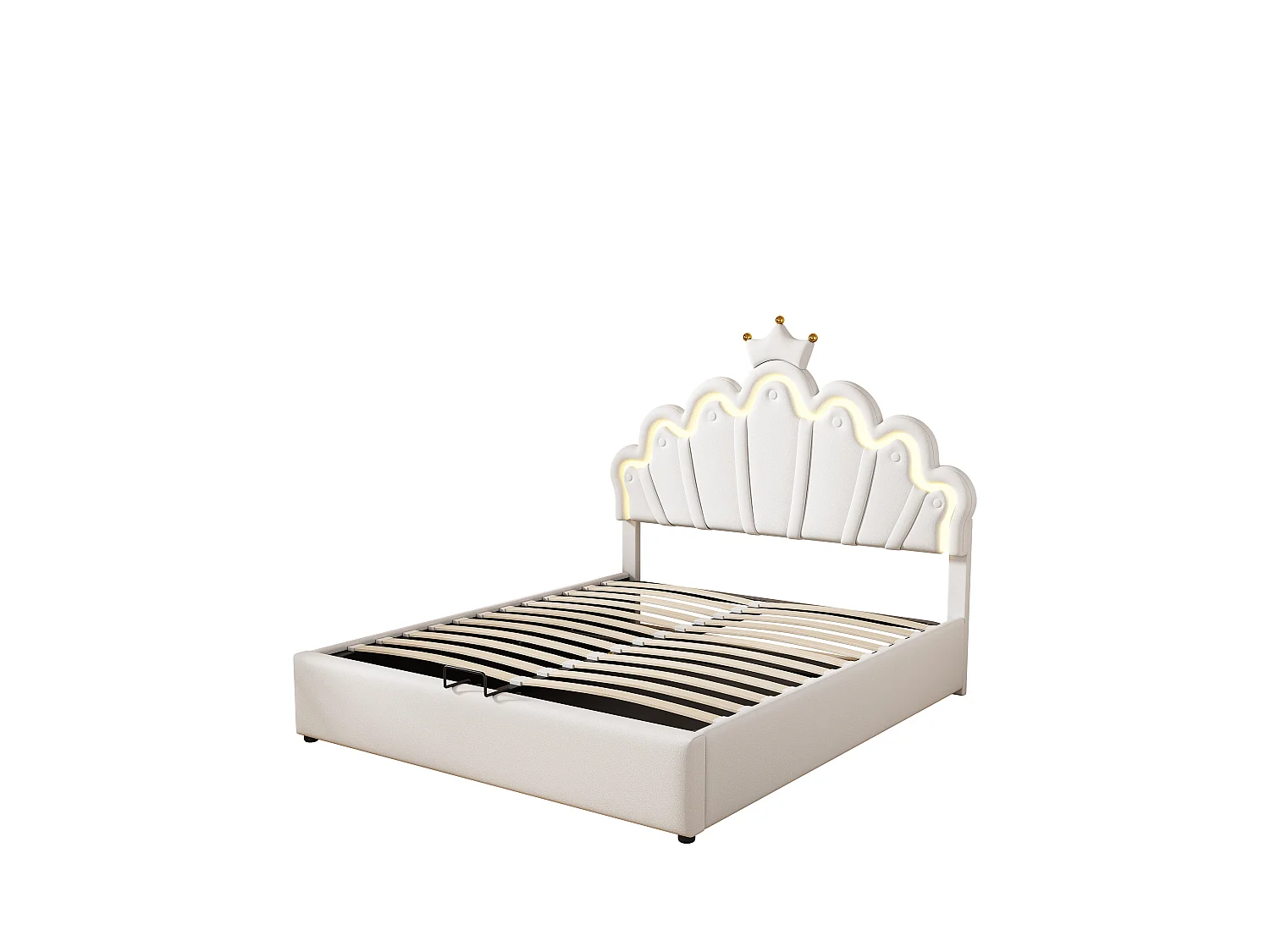 Cama con almacenaje 140x200 cm - Cama infantil con tira de luz LED - cabecero en forma de corona - PU blanco