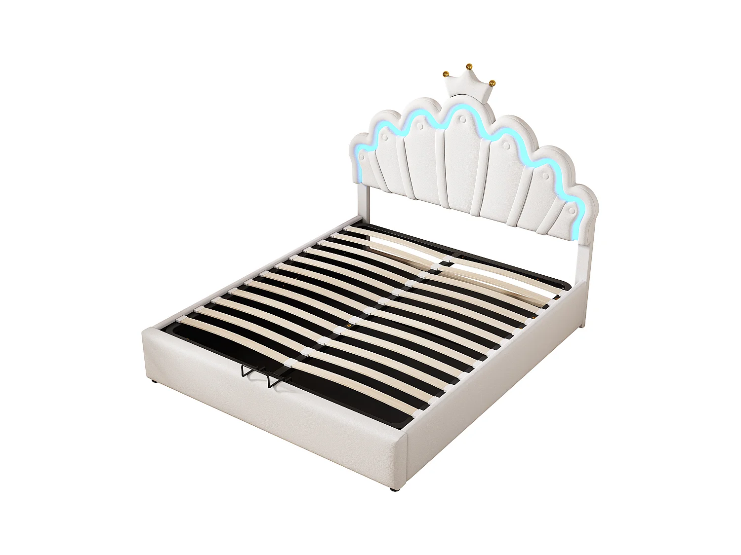 Lit coffre 140x200 cm - Lit enfant avec bande lumineuse LED - tête de lit en forme de couronne - PU blanc