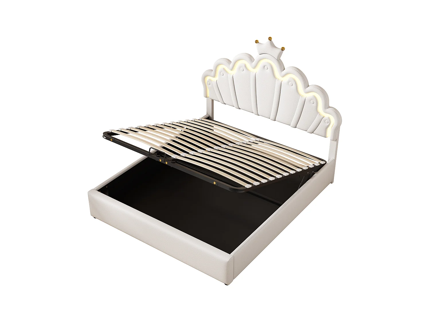 Lit coffre 140x200 cm - Lit enfant avec bande lumineuse LED - tête de lit en forme de couronne - PU blanc