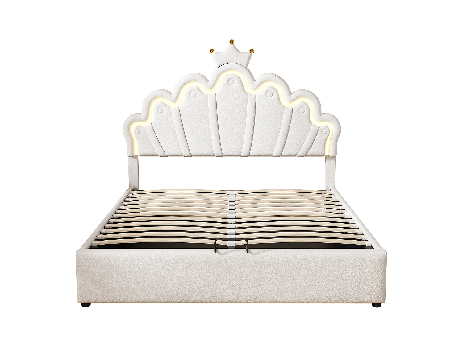 Lit coffre 140x200 cm - Lit enfant avec bande lumineuse LED - tête de lit en forme de couronne - PU blanc