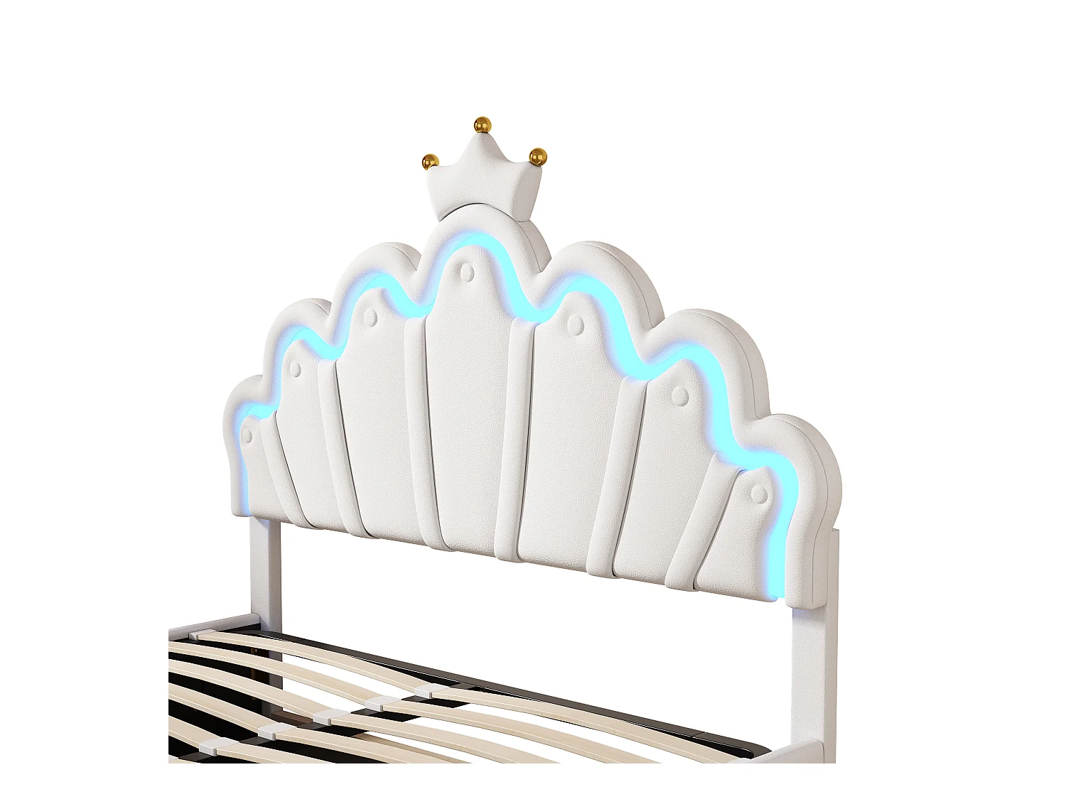 Lit coffre 140x200 cm - Lit enfant avec bande lumineuse LED - tête de lit en forme de couronne - PU blanc