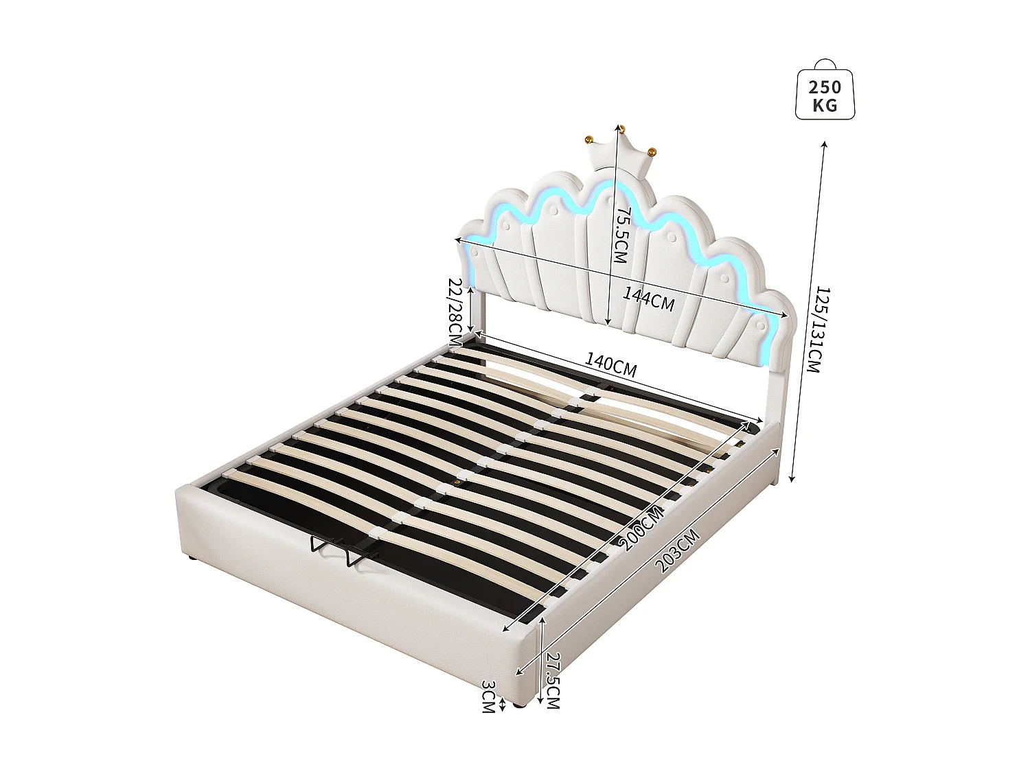 Lit coffre 140x200 cm - Lit enfant avec bande lumineuse LED - tête de lit en forme de couronne - PU blanc