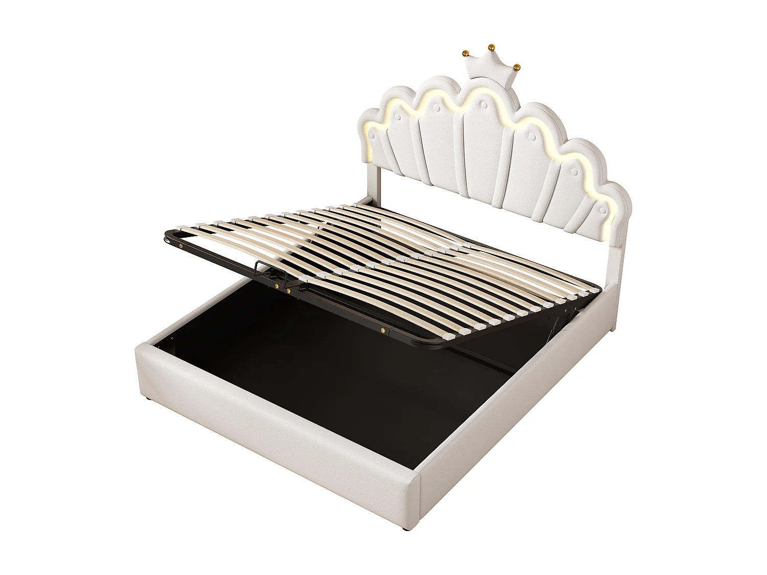 Lit coffre 140x200 cm - Lit enfant avec bande lumineuse LED - tête de lit en forme de couronne - PU blanc