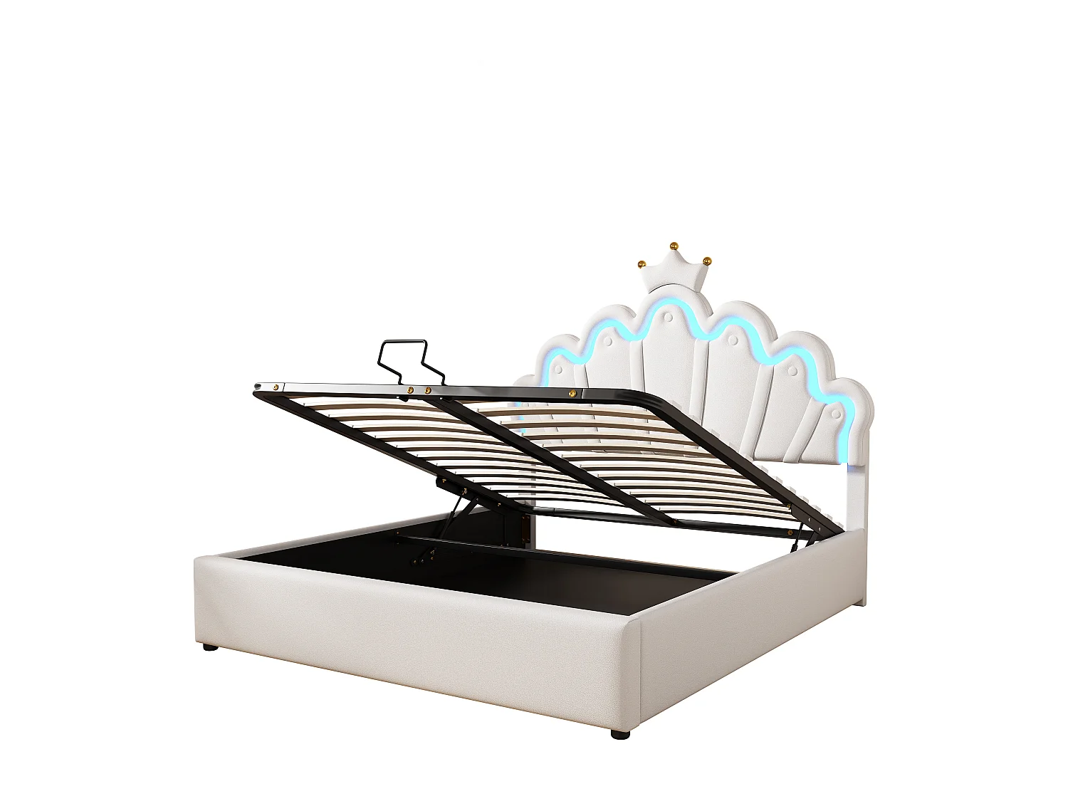 Lit coffre 140x200 cm - Lit enfant avec bande lumineuse LED - tête de lit en forme de couronne - PU blanc